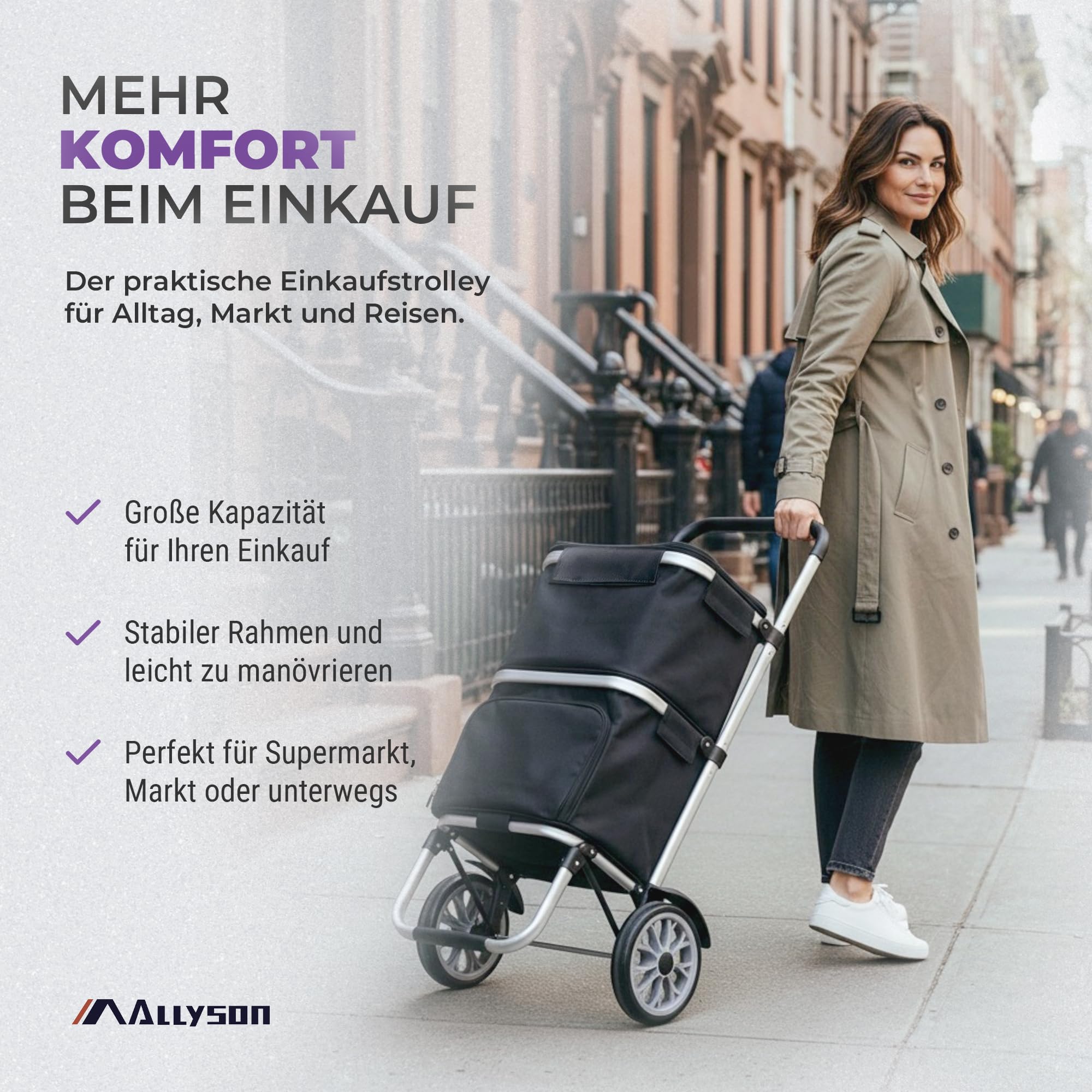 Allyson® Einkaufstrolley 50L Wasserabweisende Tasche mit Kühlfach Schwarz | Zwei Fächer, klappbar, stoßdämpfende Schaumstoffräder für Treppen, Aluminiumrahmen, geeignet für Wocheneinkauf