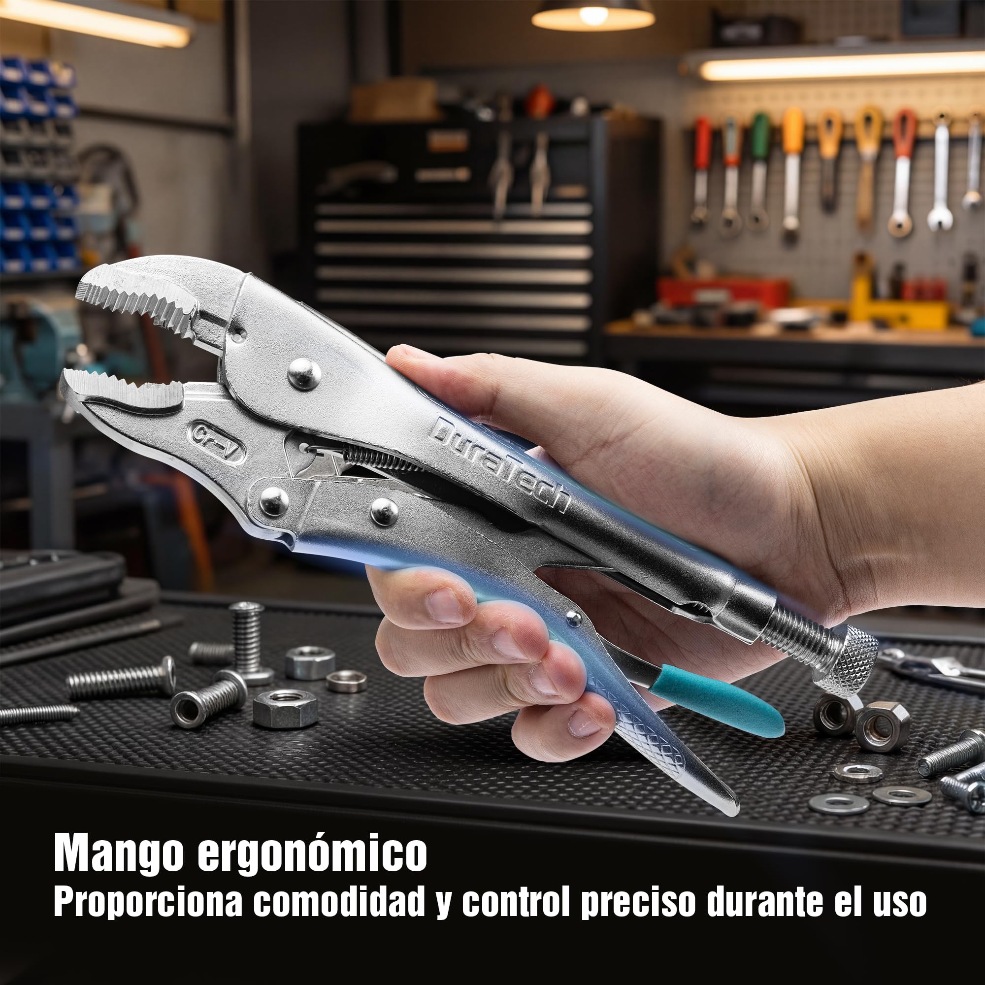 DURATECH Juego de 6 Alicates de Presión con 2 Alicates de Punta Larga de 16,5 cm y 24 cm, 3 Alicates de Mordaza Curva de 12,7 cm, 17,8 cm y 25,4 cm y 1 Alicate Tipo C 15 cm, con Estuche Enrollable