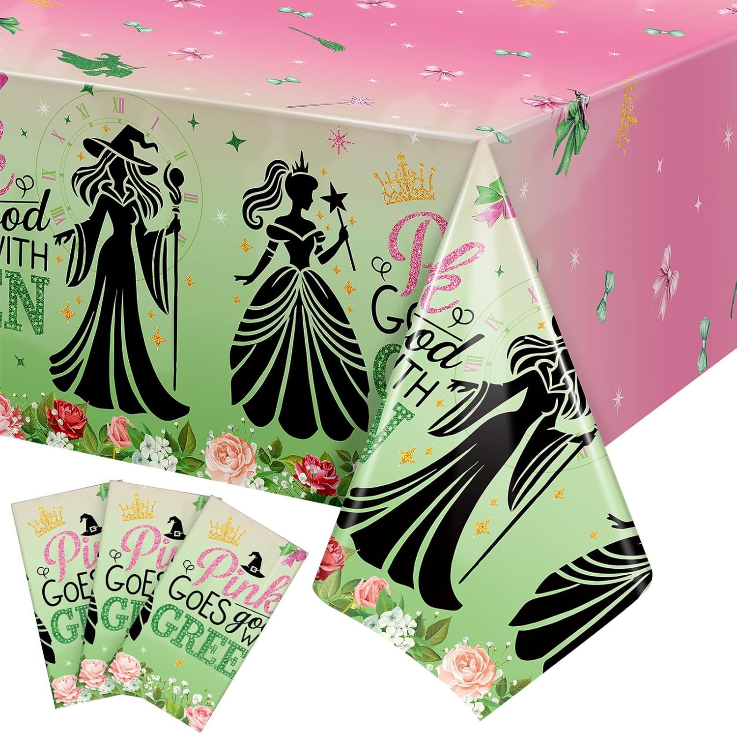 Booson 3Pcs Witch Party Tablecloth 54" x 108" Pink and Green Party Decorations Princess Disposable Waterproof Rectangle Plastic Table Cover for Kids Baby Shower Wedding Halloween Birthday Supplies