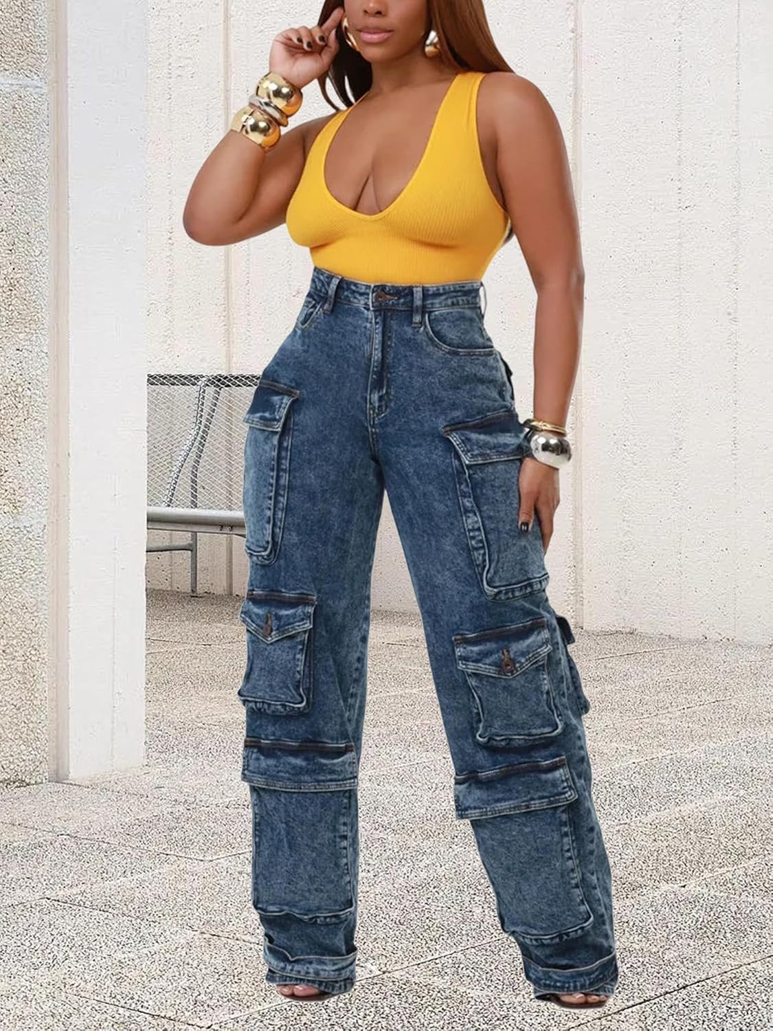 Women's Mid Rise Cargo Jeans Straight Wide Leg Baggy Jean Casual Y2K Streetwear Denim Pants - Image 7