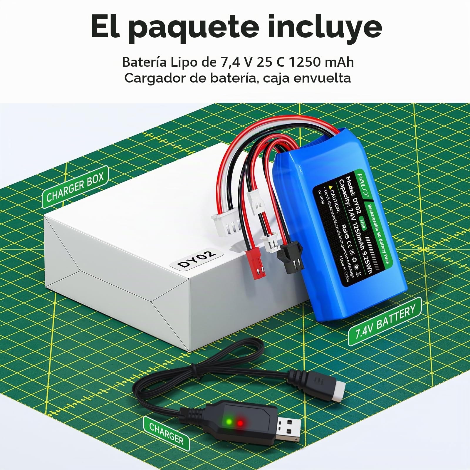 Batería Lipo 7,4 V 1250mAh PH2.0/JST/SM-2P/MX2.0 batería 25C, Enchufe Equilibrio XH2.54-3P y Cargador USB, para WLtoys RC Crawler SCX24 CR18P FCX18 FCX24, para Coche RC Avión, 2 Piezas