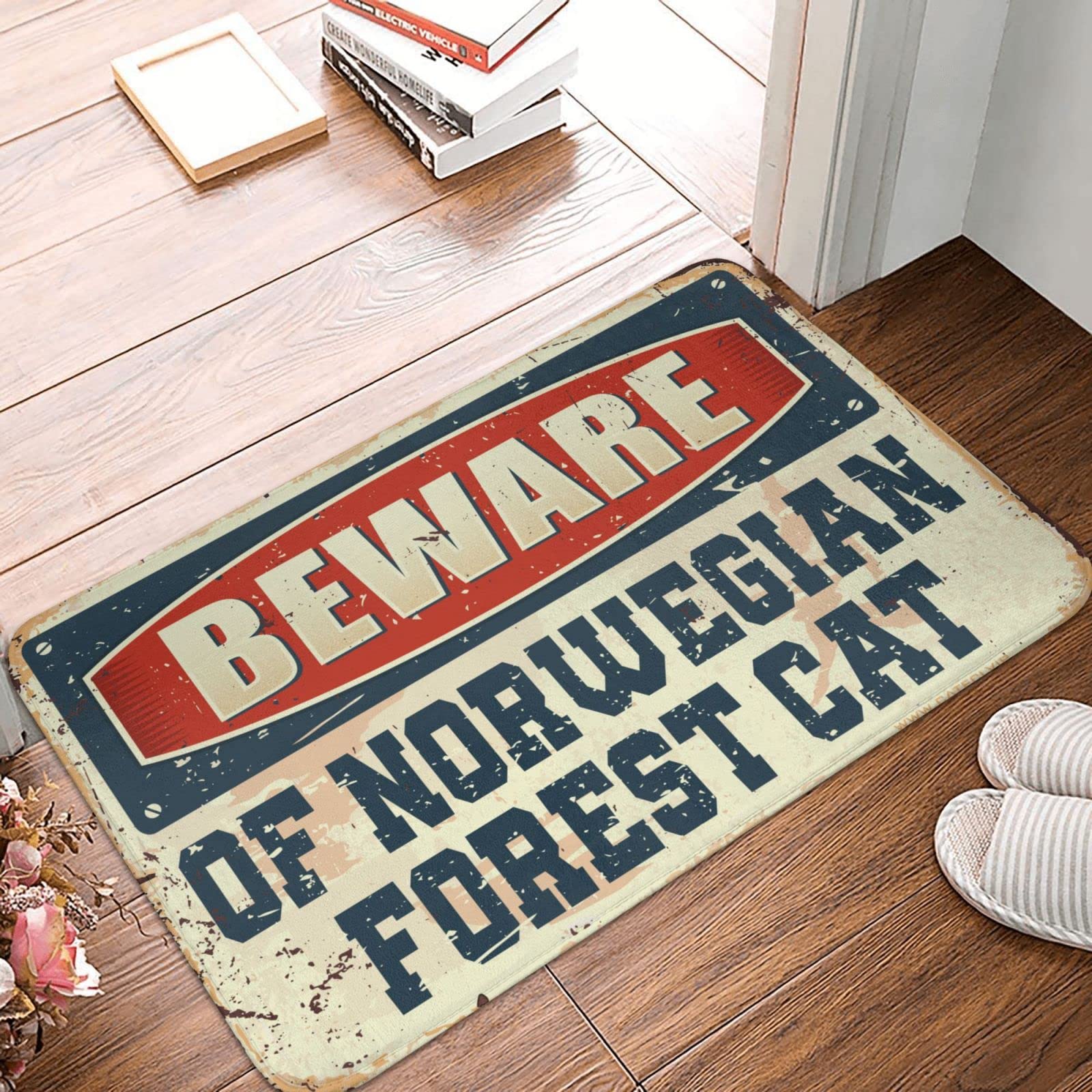 Tapis de porte attention à la forêt norvégienne avec design de chat humour