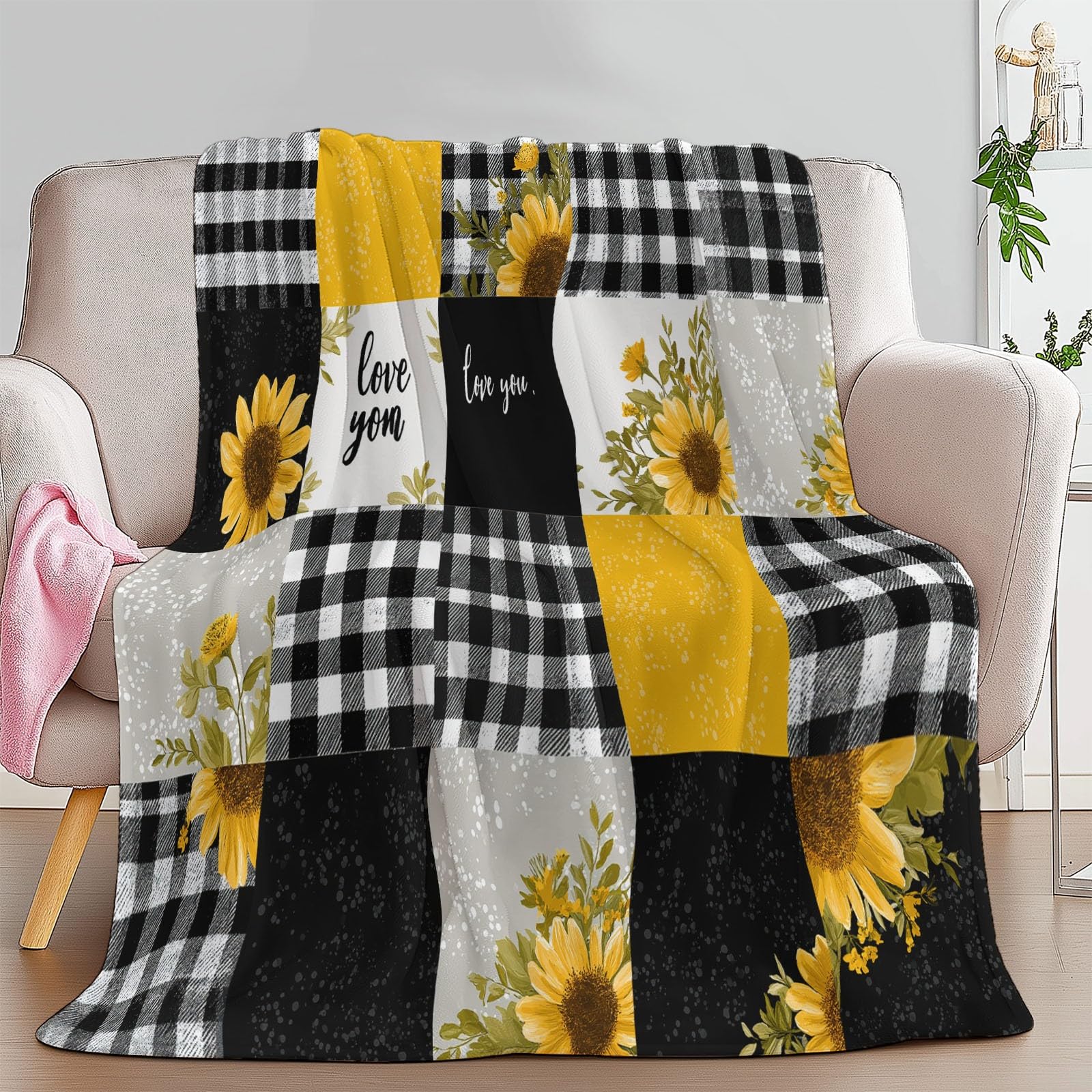 Polarowy koc flanelowy dla dzieci i dorosłych 200 x 200 cm, koce na kanapę z prostym nadrukiem czarno-białe kwadratowe promienie słońca Aoi - Miodowy żółty miękki ciepły ciepły lekki koc