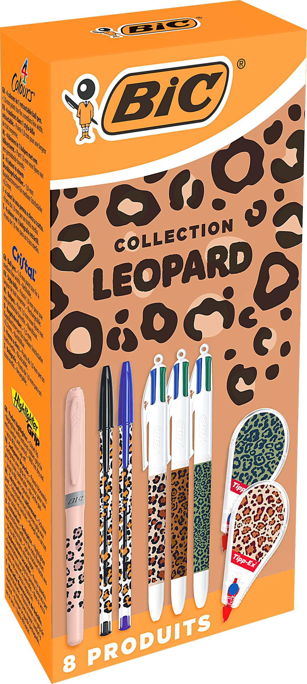 BIC & Tipp-Ex Leoparden-Kollektion Schreibset – Kugelschreiber mit mittlerer Schreibstärke, Textmarker mit Keilspitze, Korrekturroller (6 m x 5 mm) – Sortierte Leopardenmotive, Box à 8