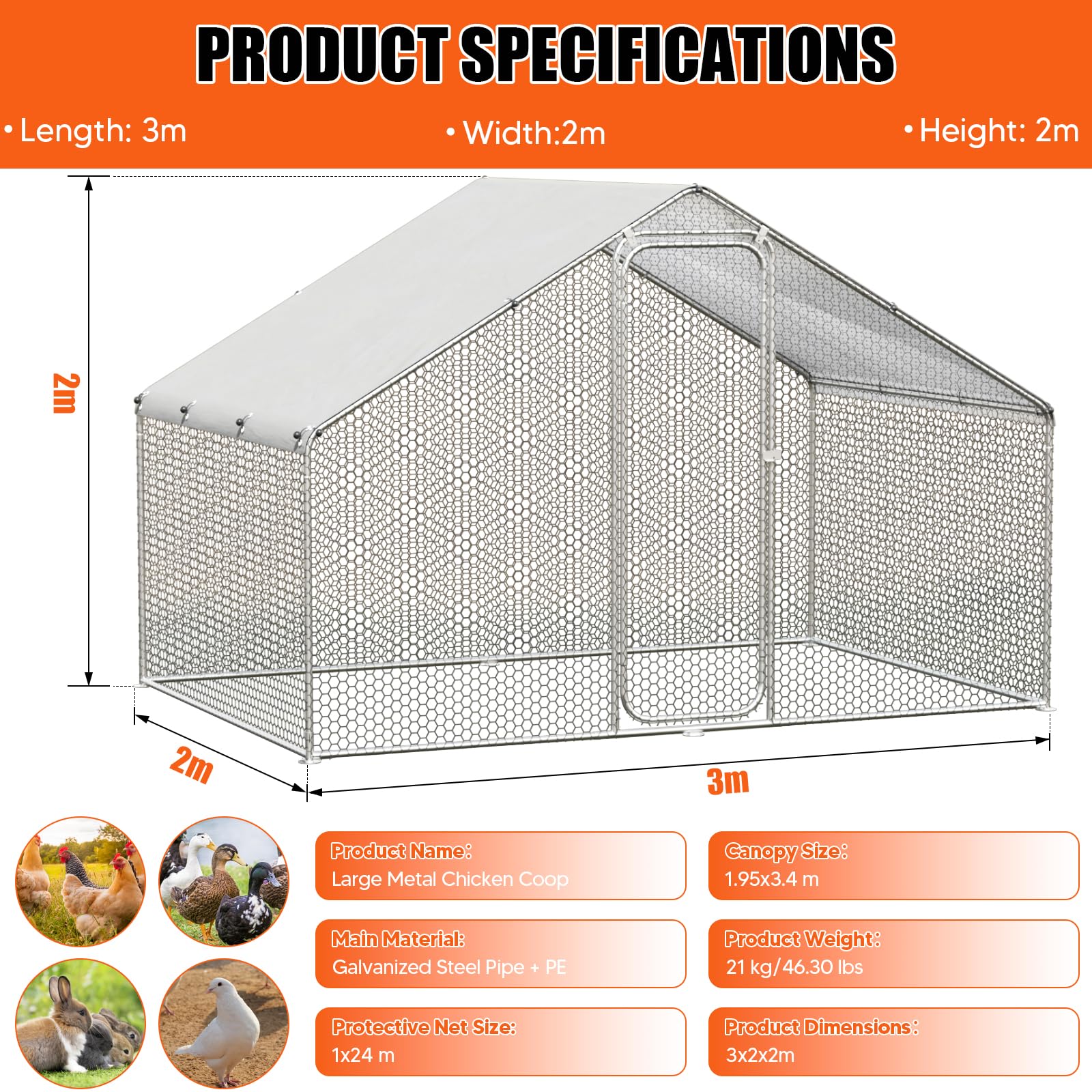 Gallinero Exterior - Jaula de Acero galvanizado para Animales pequeños 3 x 2 x 2 m, 6 m² de Superficie, con Puerta y pestillo, Jaula con Techo de Lona para Pollos