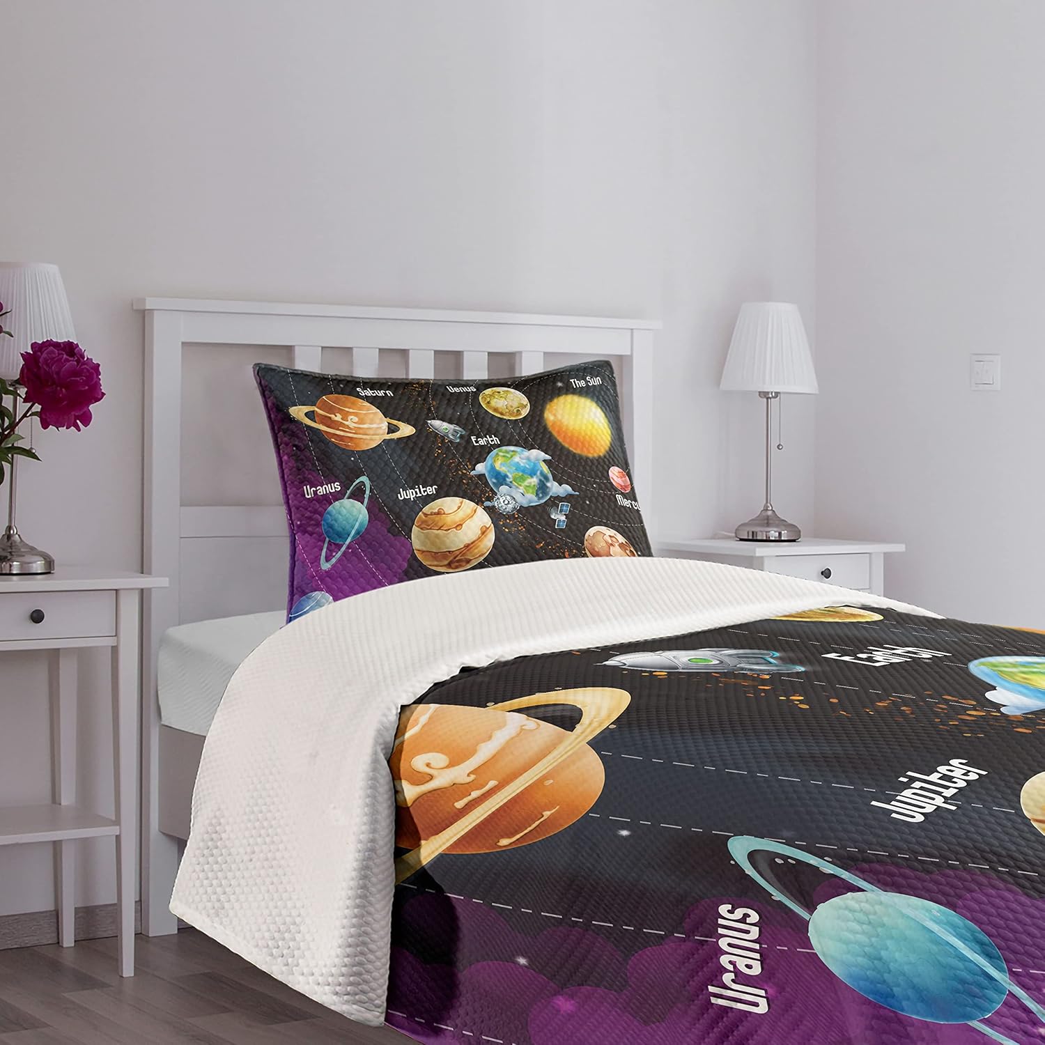 Ambesonne Outer Space Bedspread, Solar System of Planets Milky Way Neptune Venus Mercury Sphere Illustration, Decorative Quilted 2 Piece Coverlet Set with Pillow Sham, Twin Size, Black Purple Twin Size Black Purple