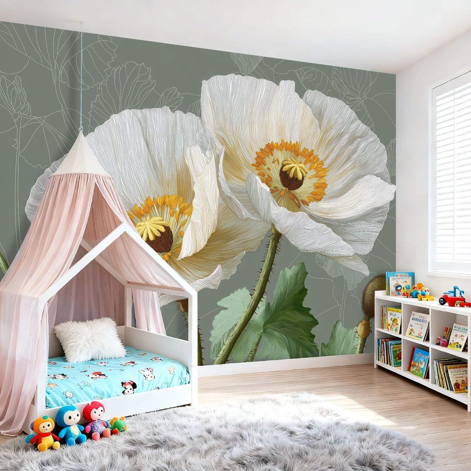 Tapeta z motywem 250 x 175 cm, maki, tapeta z motywem do pokoju dziecięcego i kącika do majsterkowania, jasnozielona