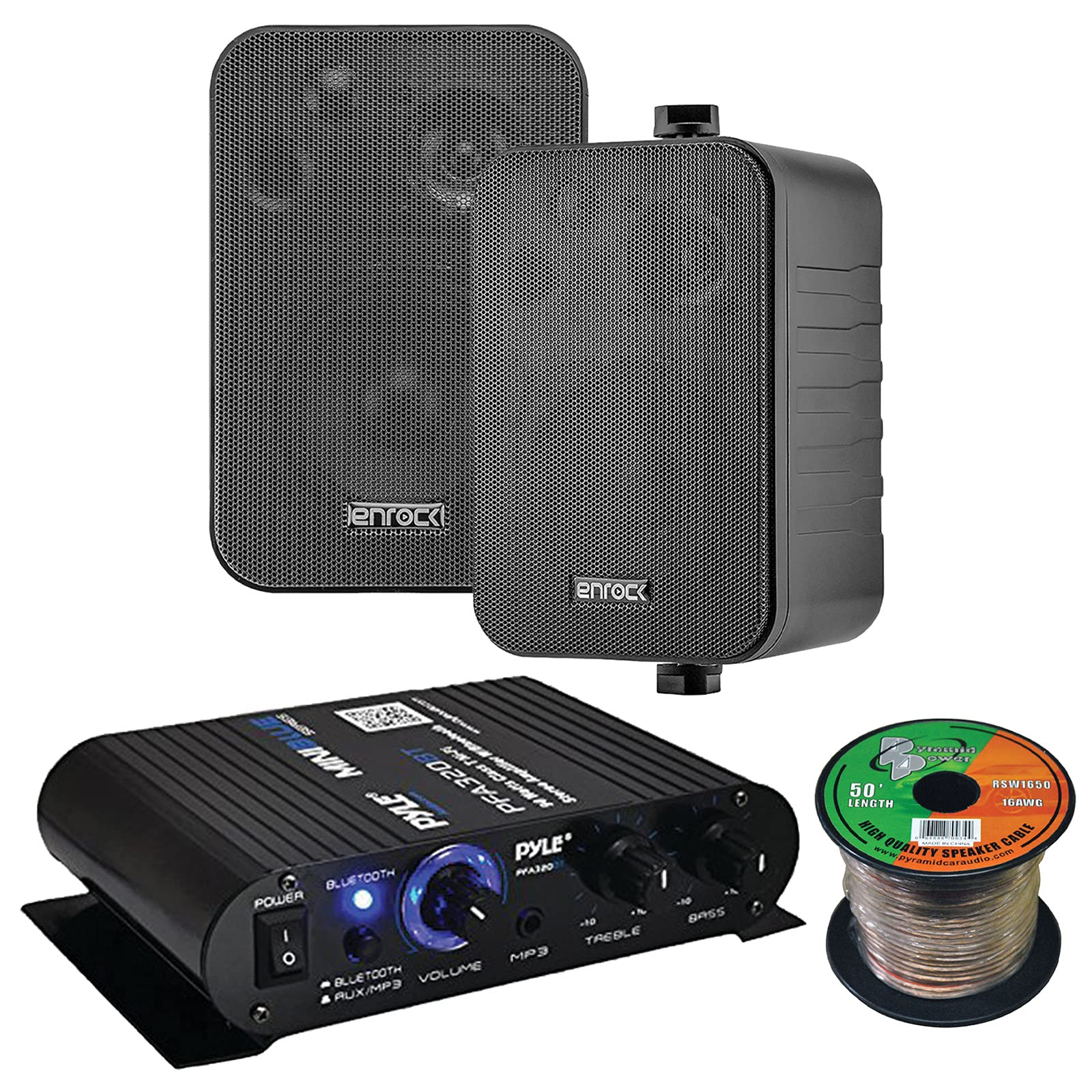 Pyle PFA330BT 2-Channel 90 Watt Max Power Bluetooth AUX Compact Class T Amplifier System Combo Bundle with 2X 4 30 Watts Max Power 3-Way in Door/Out Door Black Box Speakers, 16 Gauge Speaker Wire