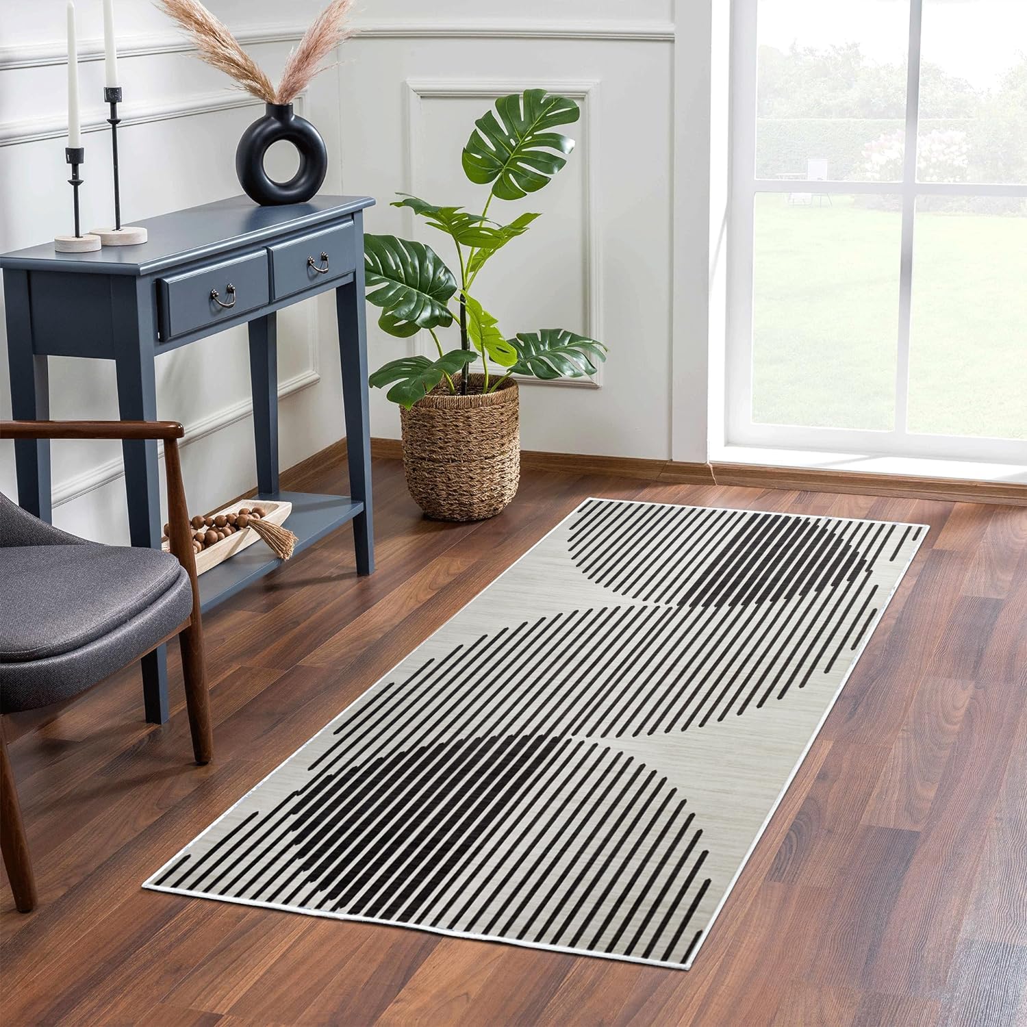 Hafaa Carpet Runners Rugs for Hallway Non-Slip 60 x 110 cm Entrance Black & White Rug– Modern Geometric Boho Style Carpet for Living Room – Printed Design Carpets Runner Rug (JETT)