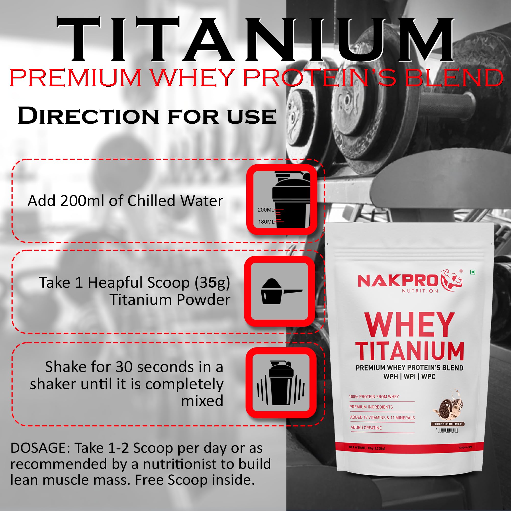 NAKPRO Titanium Tri Blend Whey Protein Hydrolyzed, Isolate & Concentrate | 25.49g Protein, 11.50g EAA, 5.60g BCAA | Added vitamins, minerals & creatine- DoubleRich-Chocolate-1 Kg — Amazon image 6