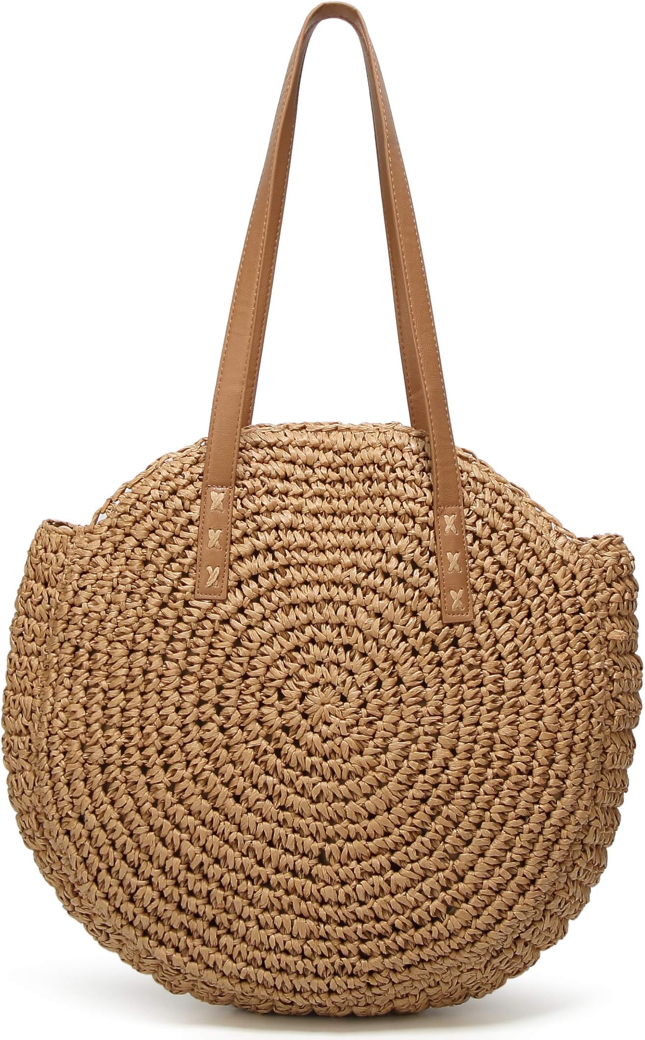 Womens Large Straw Beach Tote Bag Hobo Summer Handwoven Bags Purse with Pom Poms (B-Khaki)