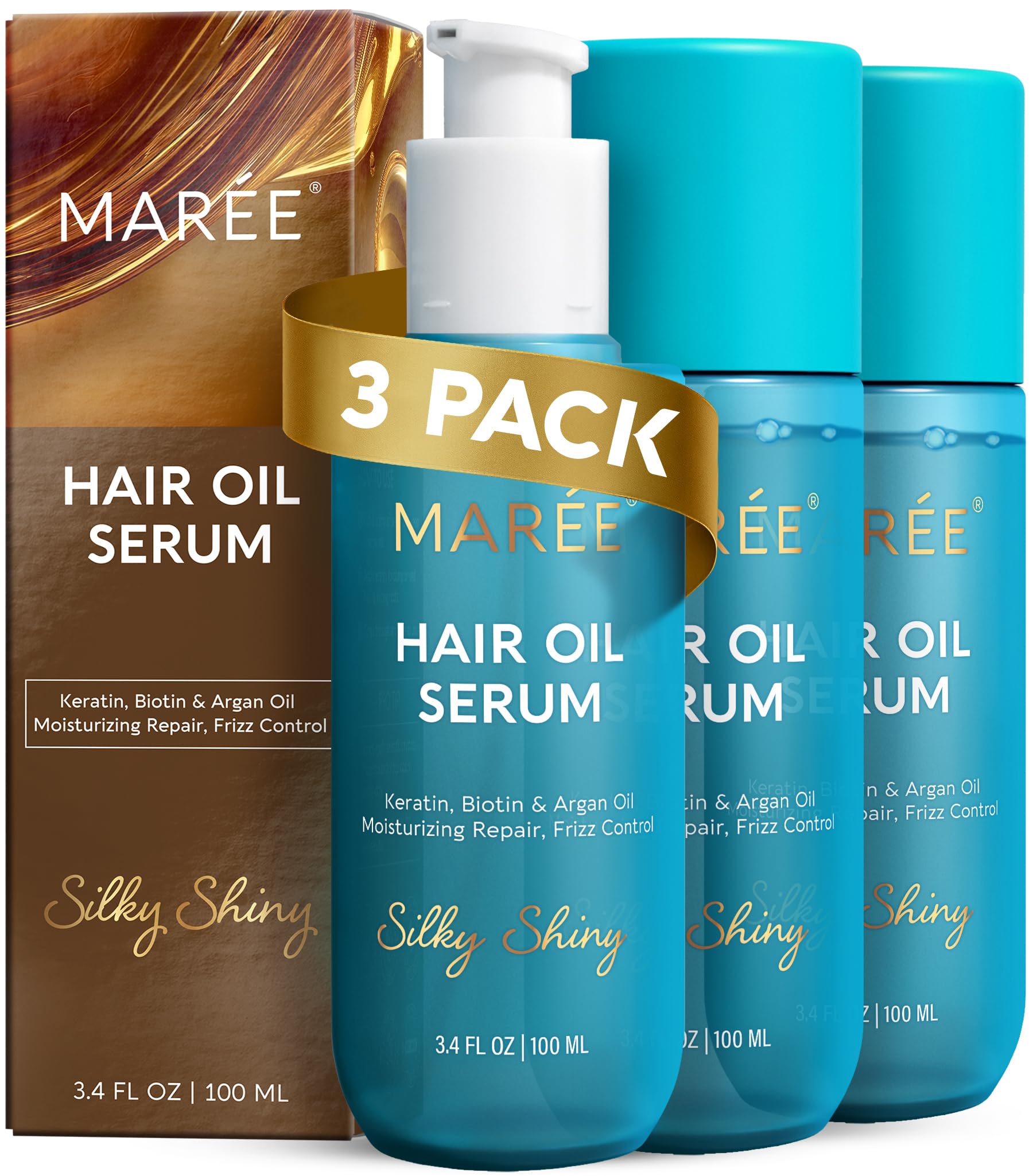 MAREE Hair Oil for Frizzy Hair with Argan Oil, Keratin & Biotin 3 PACK – Hair Serum for Dry and Curly Hair Gloss – Frizz Control Hair Care Products for Women – Aceite Para el Cabello 3.4 Fl Oz (Pack of 3)