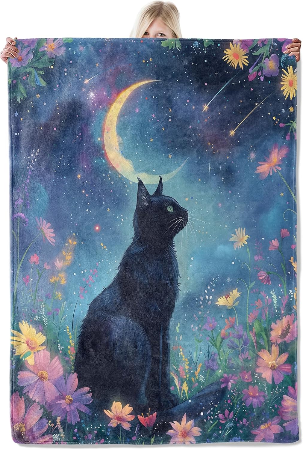 Celestial Night Kitty Throw Blankets 40x50 Inches, Ultra Soft Cozy Warm Fuzzy Gifts for Kids Adults, Mystical Moonlit Garden Black Cat Polyester Blanket for Travel Camping Car Living Room Decor