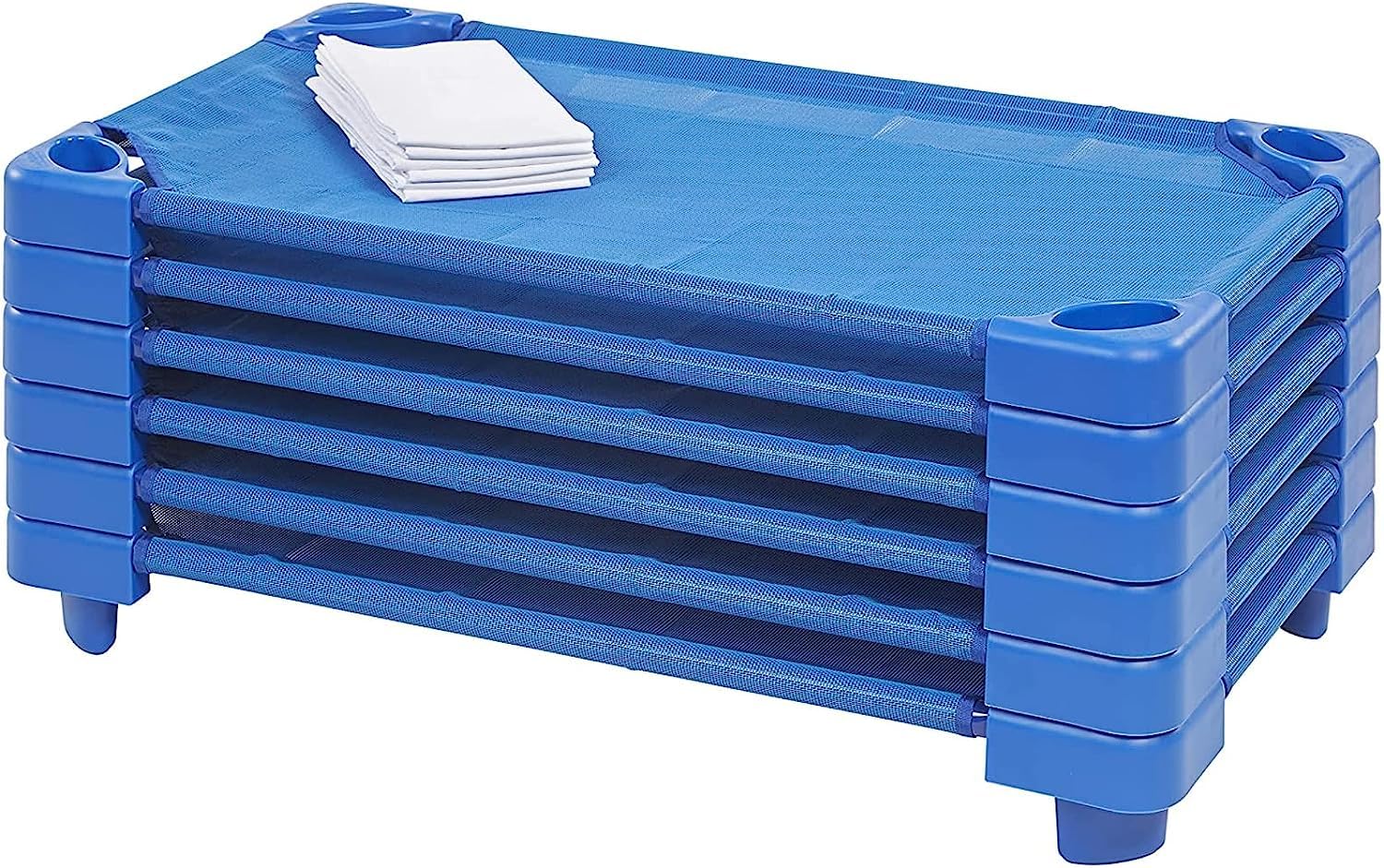Pack de 6 Cunas Apilables para Guardería y 6 Sábanas Bajeras para Cuna Apilable – Cuna Apilable para Guardería 132cm x 58cm x 15cm y Sábana Bajera 132cm x 58cm