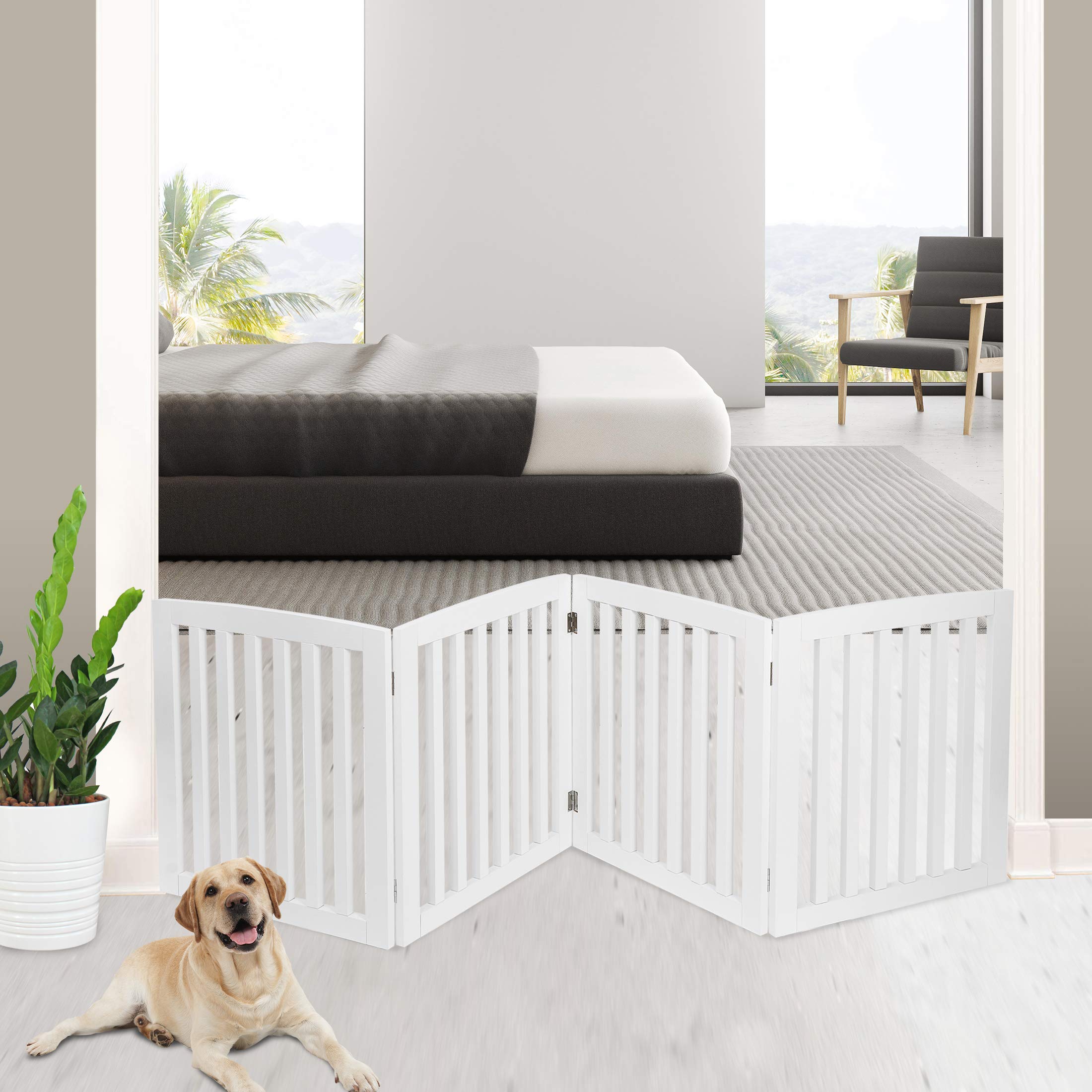 Dog Gate Pet Gate Indoor for Stairs Doorways 82x24 Inch 4 Panels Dog Fence Extra Wide Wooden White