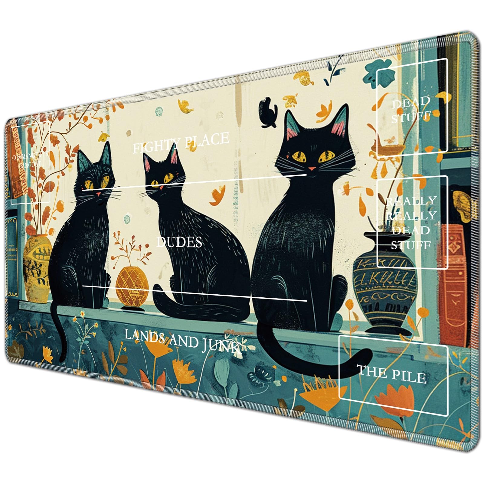 JANENFNA TCG Playmat with Magic Zones 24 x 14 inches Mousepad Compatible for MTG TCG Trading Card Game Play Mats Smooth Rubber Surface Magic The Gathering Play Mat, Three Black Cats
