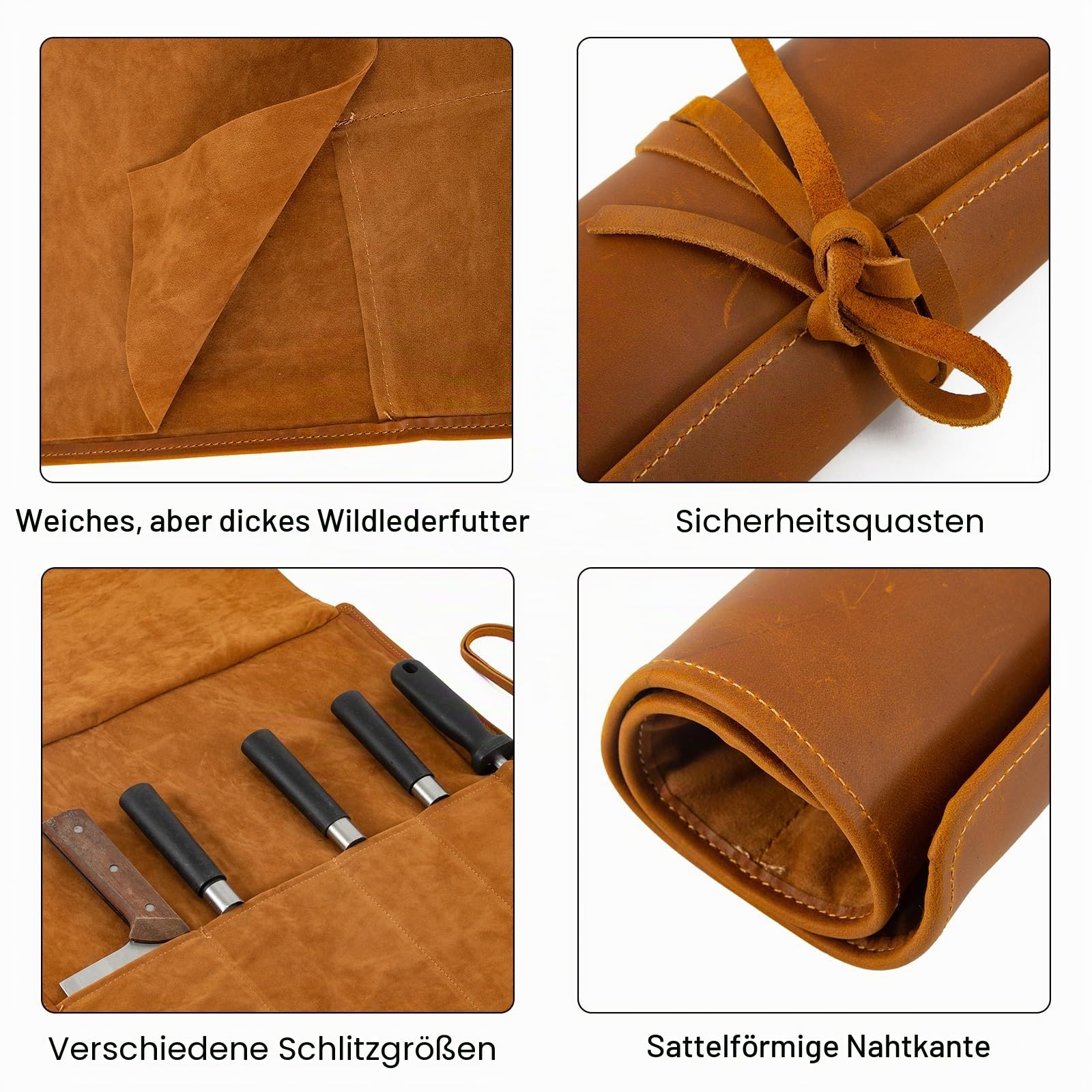 Echtleder Messertasche,Koch Messer Roll Bag,Premium Kochmesserrolle Groß,Messertasche Kochmesser Geschenke für Pro-Köche oder kulinarische Enthusiasten (Braun)