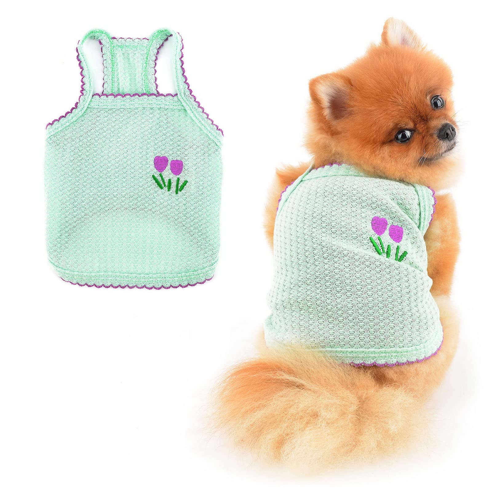 PAIDEFUL Small Dog T-shirt Embroidery Spring Summer Soft Comfortable Puppy Clothes Breathable Pullover Sleeveless Kitten Apparel Indoor Outdoor, Green, L