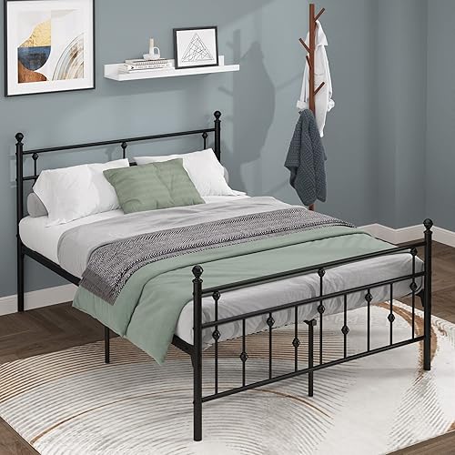Miniatura 8 de Weehom Base de cama de tamaño matrimonial con cabecero y estribo, plataforma de metal, marco de cama debajo de la cama, diseño moderno para niños,