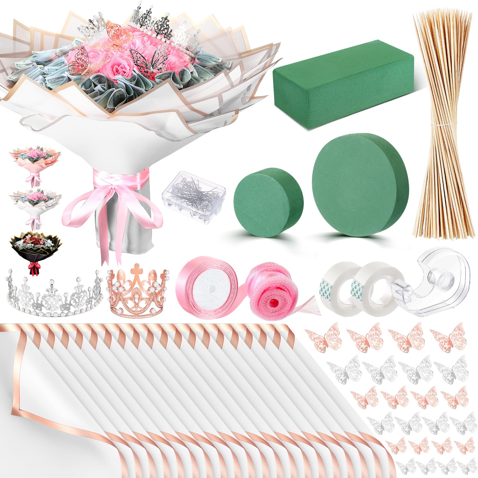 XunYee Gradution Mother's Day Money Bouquet Kit 20 Sheet Flower Wrapping Paper 100 Pcs Bamboo Skewers Floral Foam Blocks for Thanksgiving Anniversary Valentine's Day Birthday Gift(White)