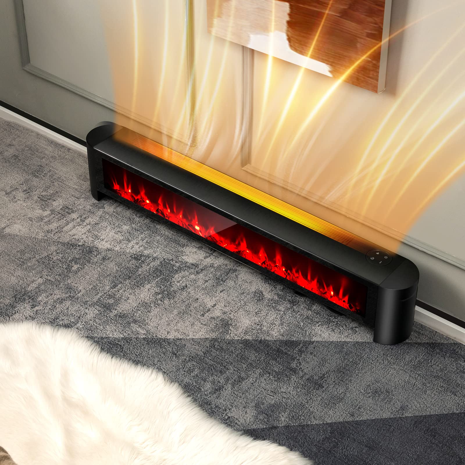 Tangkula 1400W Baseboard Heater, Electric Baseboard Heater with Remote, 6 Adjustable Realistic 3D Flame, Thermostat, Overheat Protection, 6H Timer, IPX4 Waterproof Convection Heater for Indoor Use