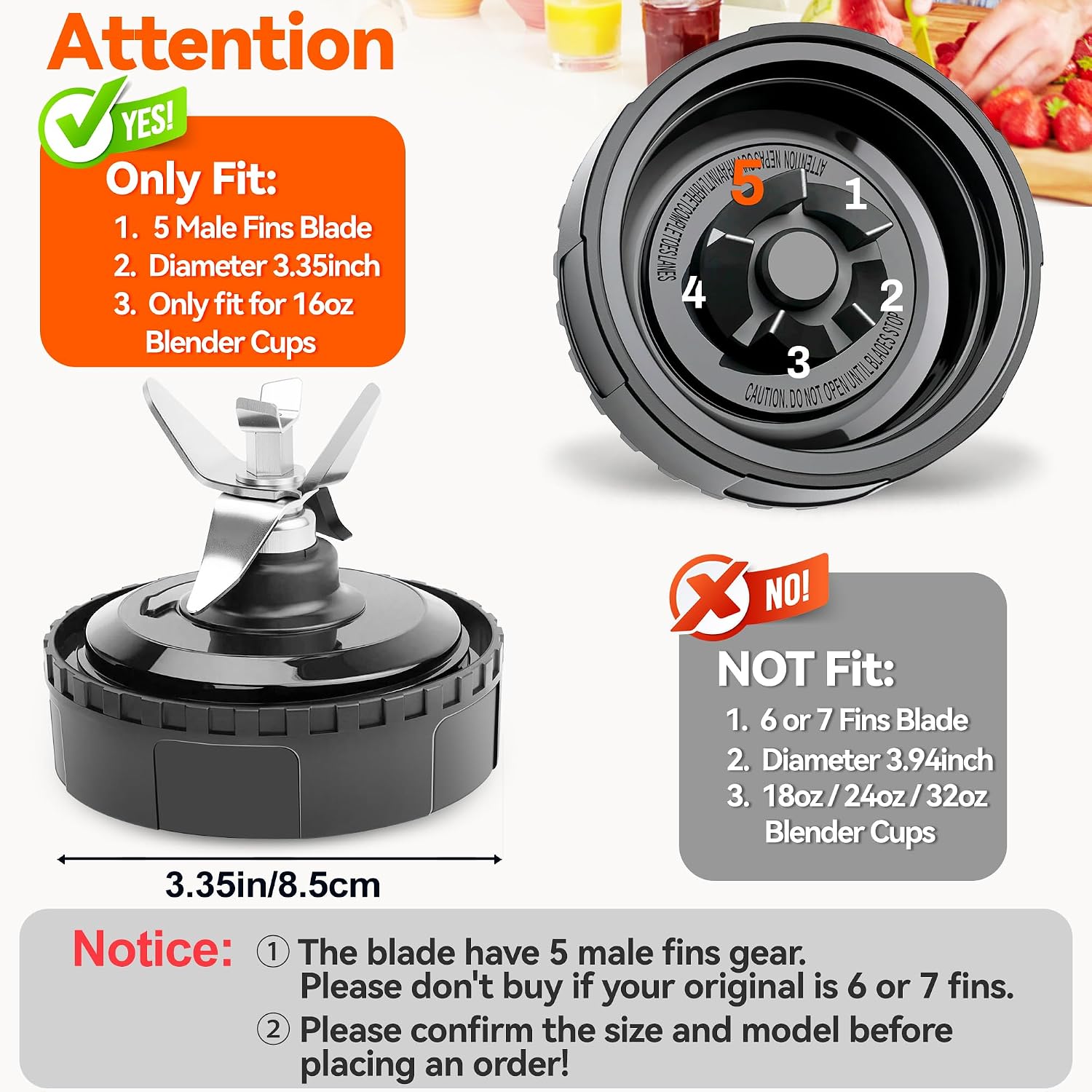 5 Fins Blender Blade Replacement Part For Ninja Blender, 3.35in/8.5cm Extractor Blade Assembly for Ninja QB3000 QB3000QBK QB3000QR-30 QB3001SS QB3001SS-30 QB3004 QB3005 with Hook, Brush, Rubber Gasket