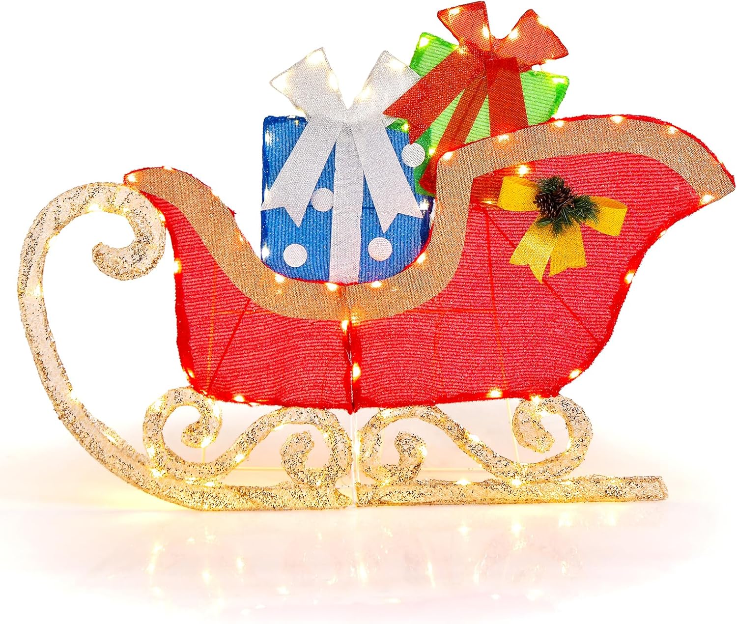 COSTWAY 4 FT Long Christmas Sleigh Decoration, Lighted Santa Sleigh with 94 Prelit Warm Bright