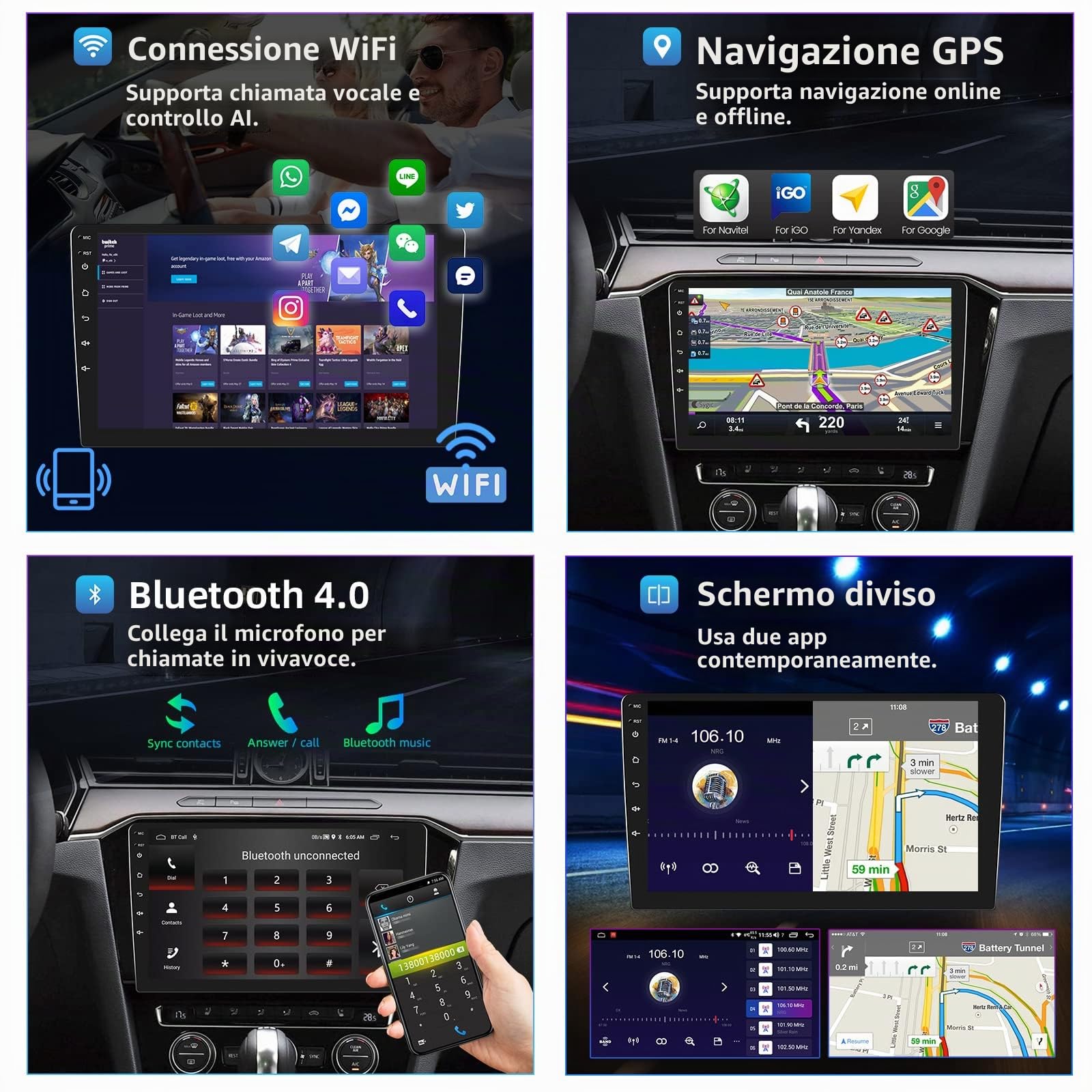 Podofo Android Autoradio 2 Din con Navigazione GPS, Bluetooth, 24 Desktop a Tema, Autoradio da 9 Pollici con Schermo con WiFi, FM/RDS, Collegamento Speculare, Telecamera per la Retromarcia (2+32G)
