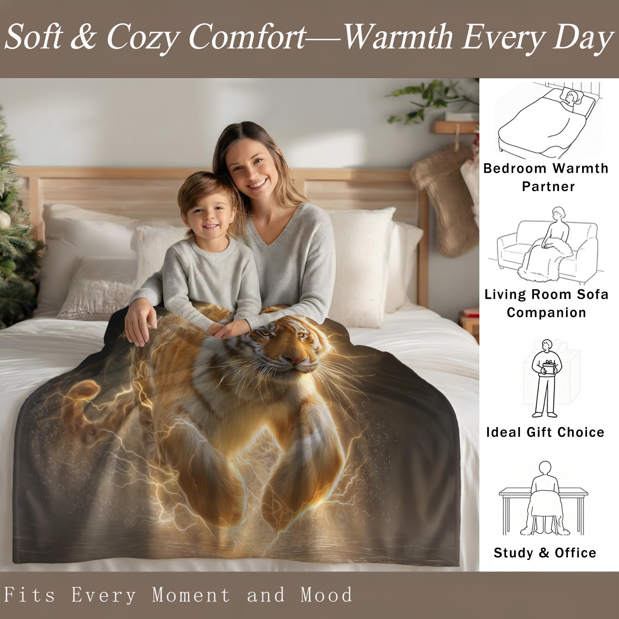 Generico Coperta Pile di Alta Qualità Matrimoniale 220 x 270 cm, Caldo Super Morbida Coperte a Tema Animale, Oro Tigre Luce Elettrica Selvaggio Copriletto per Adolescenti Ragazzi Ragazze e Adulti