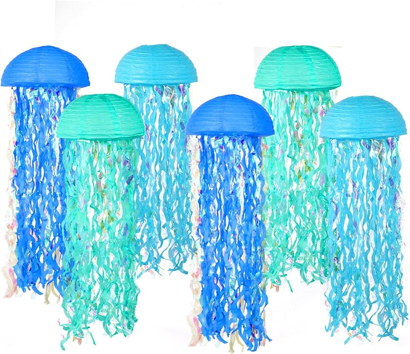 Juego de 6 farolillos de papel de medusa colgantes azules de 10.0 in – decoraciones de fiesta bajo el mar y cumpleaños de sirena, baby shower, eventos náuticos, decoración de aula y habitación de playa con temática oceánica