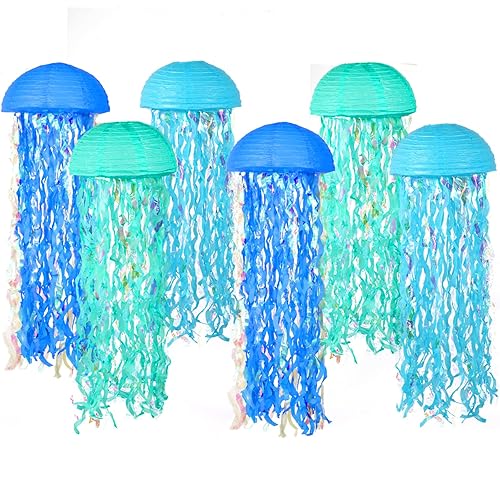 Set of 6 Blue Hanging Jellyfish Paper Lanterns 10'' -