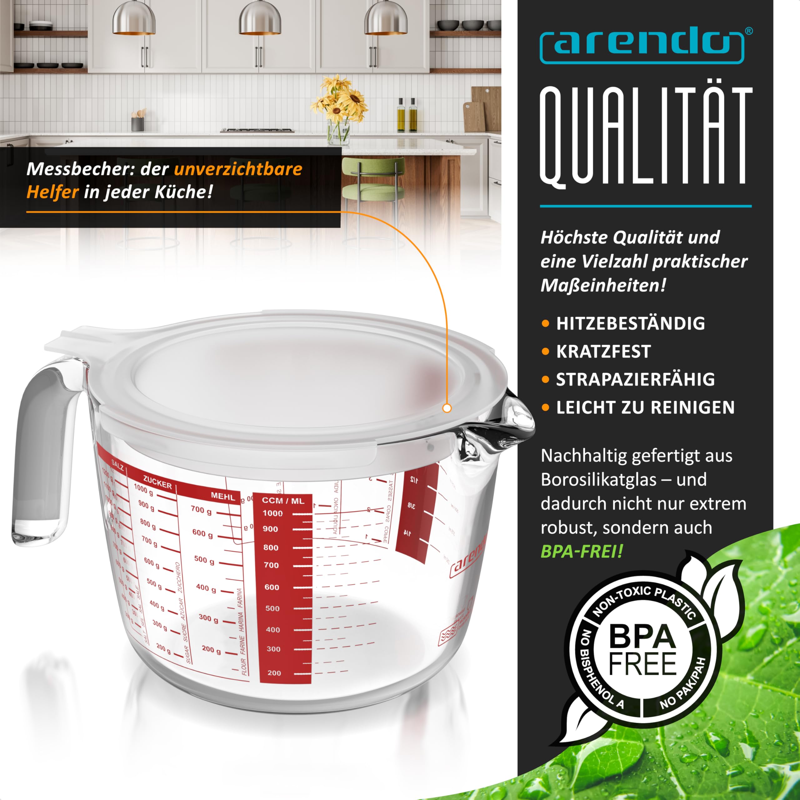 Arendo – glazen maatbeker 1 l – 1000 ml – maatbeker borosilicaatglas – hittebestendig glas – geschikt voor magnetron – nauwkeurige schaal Arendo – glazen maatbeker 1 l – 1000 ml – maatbeker borosilicaatglas – hittebestendig glas – geschikt voor magnetron – nauwkeurige schaal