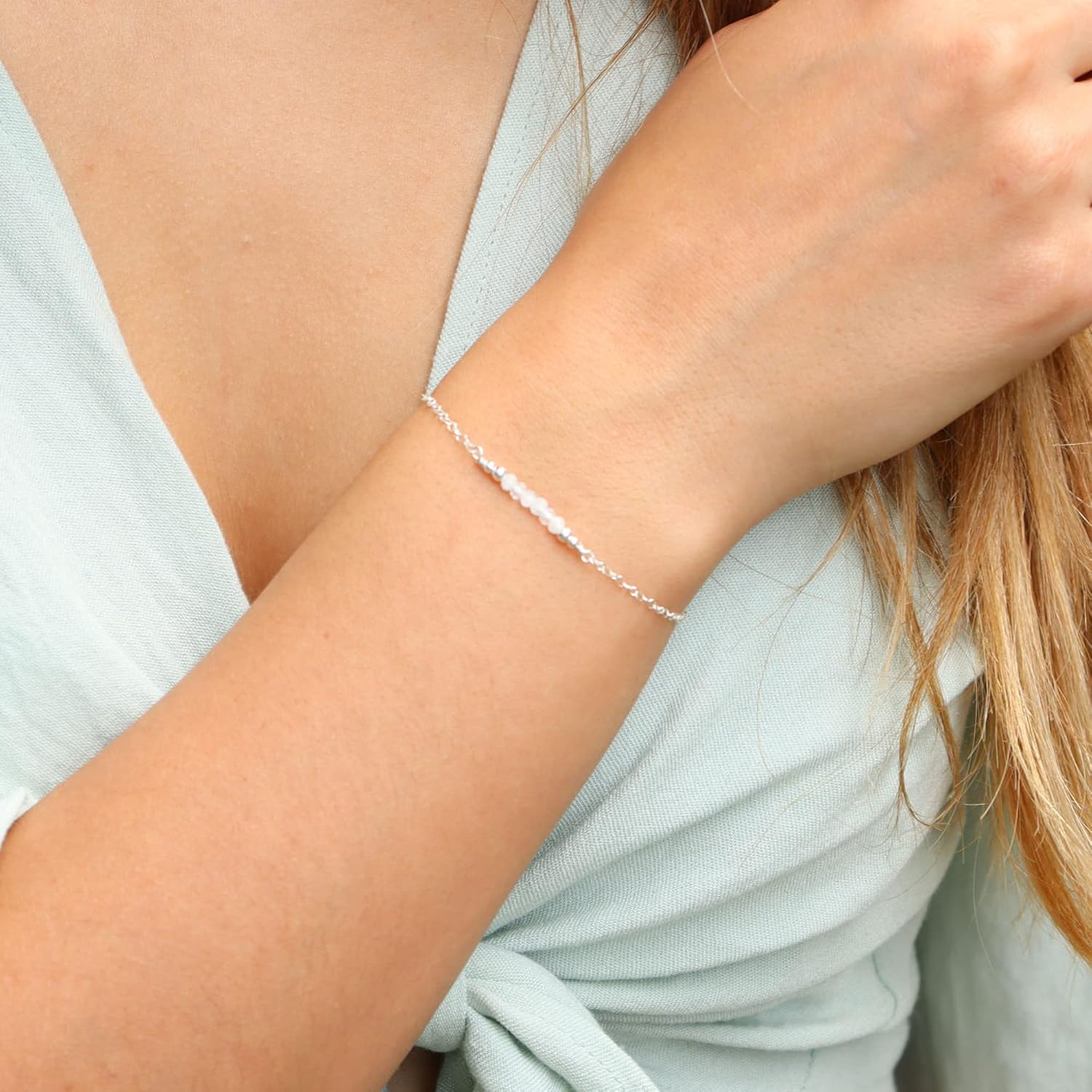 Luna Tide Tiny Sparkling Rainbow Moonstone Faceted Bead Bar Bracelet in Sterling Silver