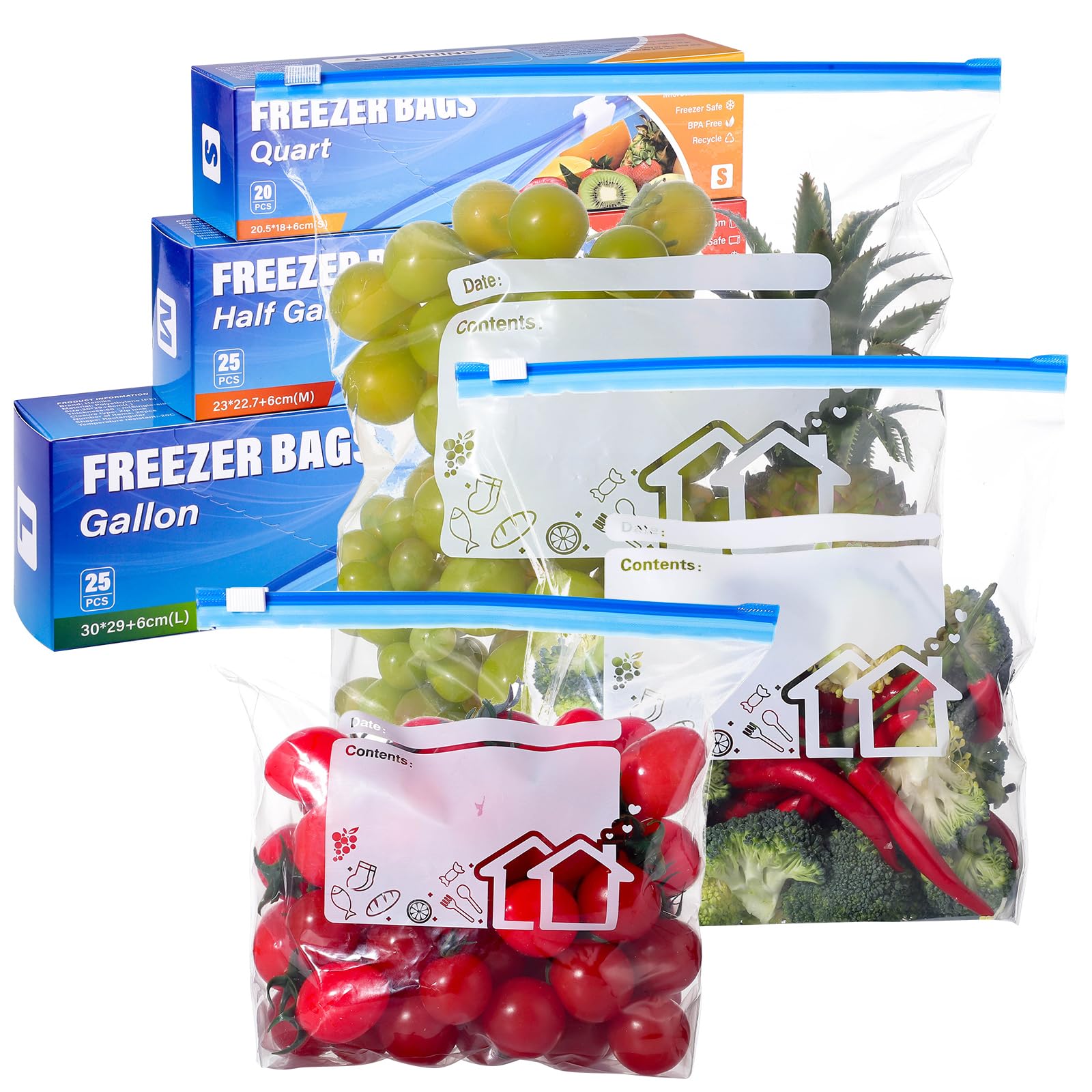 Hemiks 70 Pcs Food Storage Freezer Bags, 3 Sizes Zip Lock Bags (4.55L, 2.27L, 1L), Reusable Ziplock Bags Sandwich Bags with Expandable Bottom, Dark Blue Food Bags for Fruits, Veggies, Meat, Snacks — image 1