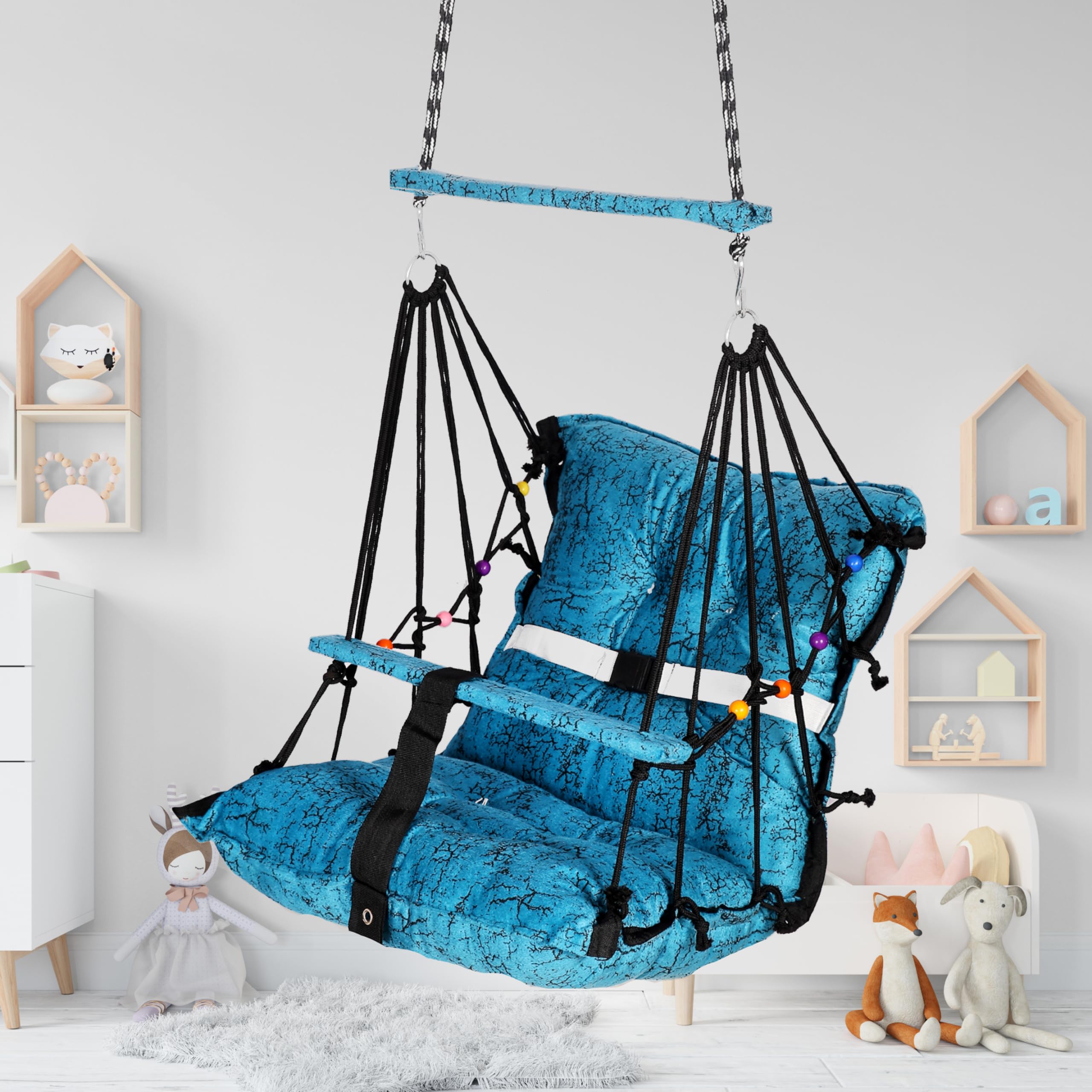 Baby Swing Chair Cotton Jhula for Kids, 1-5 Years with Safety Belt, Folding & Washable, Home & Garden (Blue)