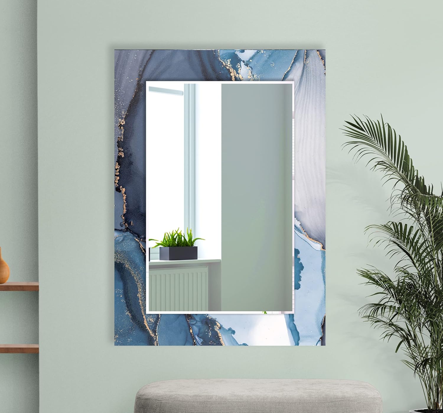 48x32''(Horizontal) Rectangular Beveled Wall Mirror on Abstract Printed Bathroom Vanity, Ready to Hang Marble Abstract Bedroom Large Wall Mirror