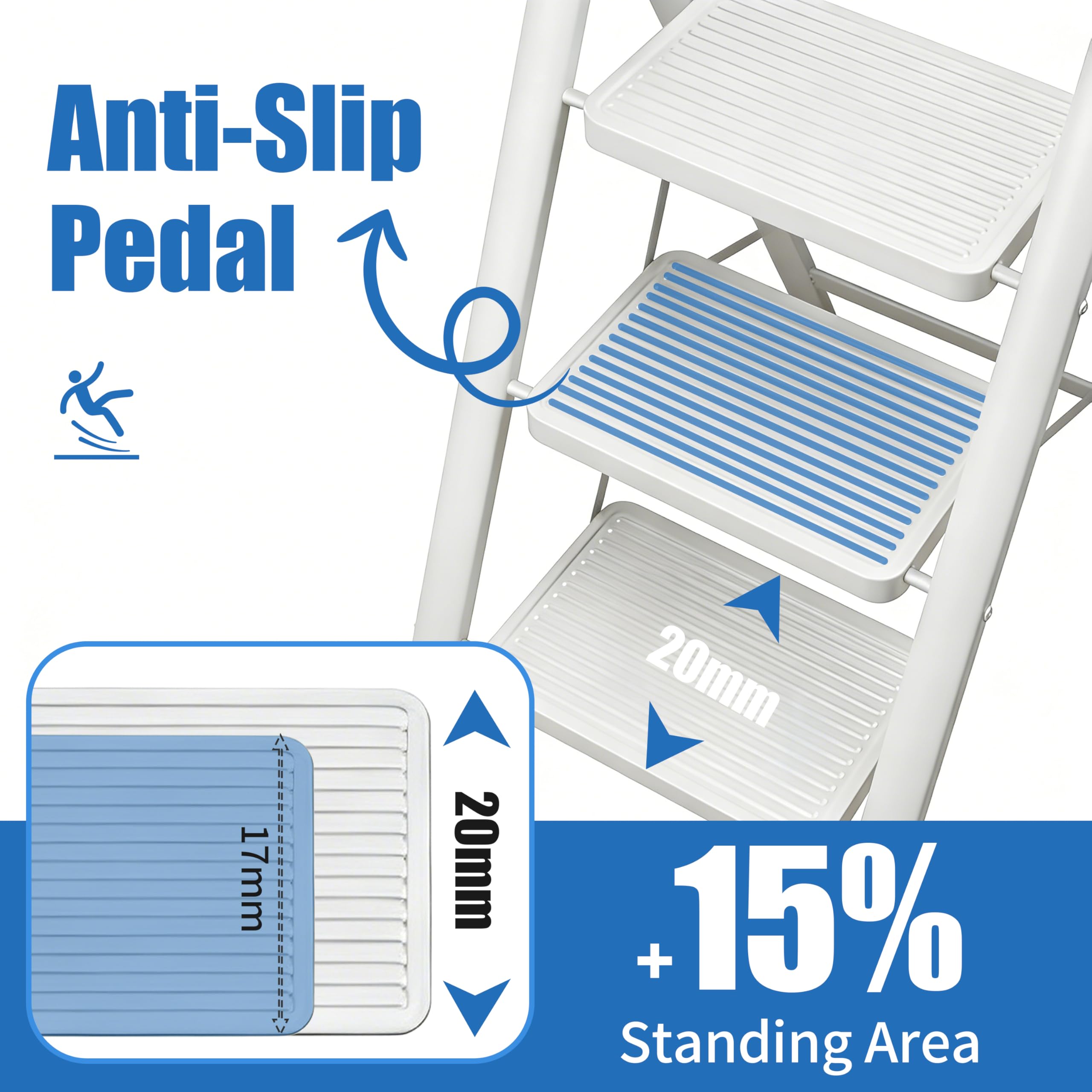 Scaletta Pieghevole 3 Gradini, Portatile e Leggera Sgabello Stabile Leggero con Pedali Antiscivolo per Casa, Cucina, Bagno, Campeggio, Portatile fino a 150 kg (Bianco)