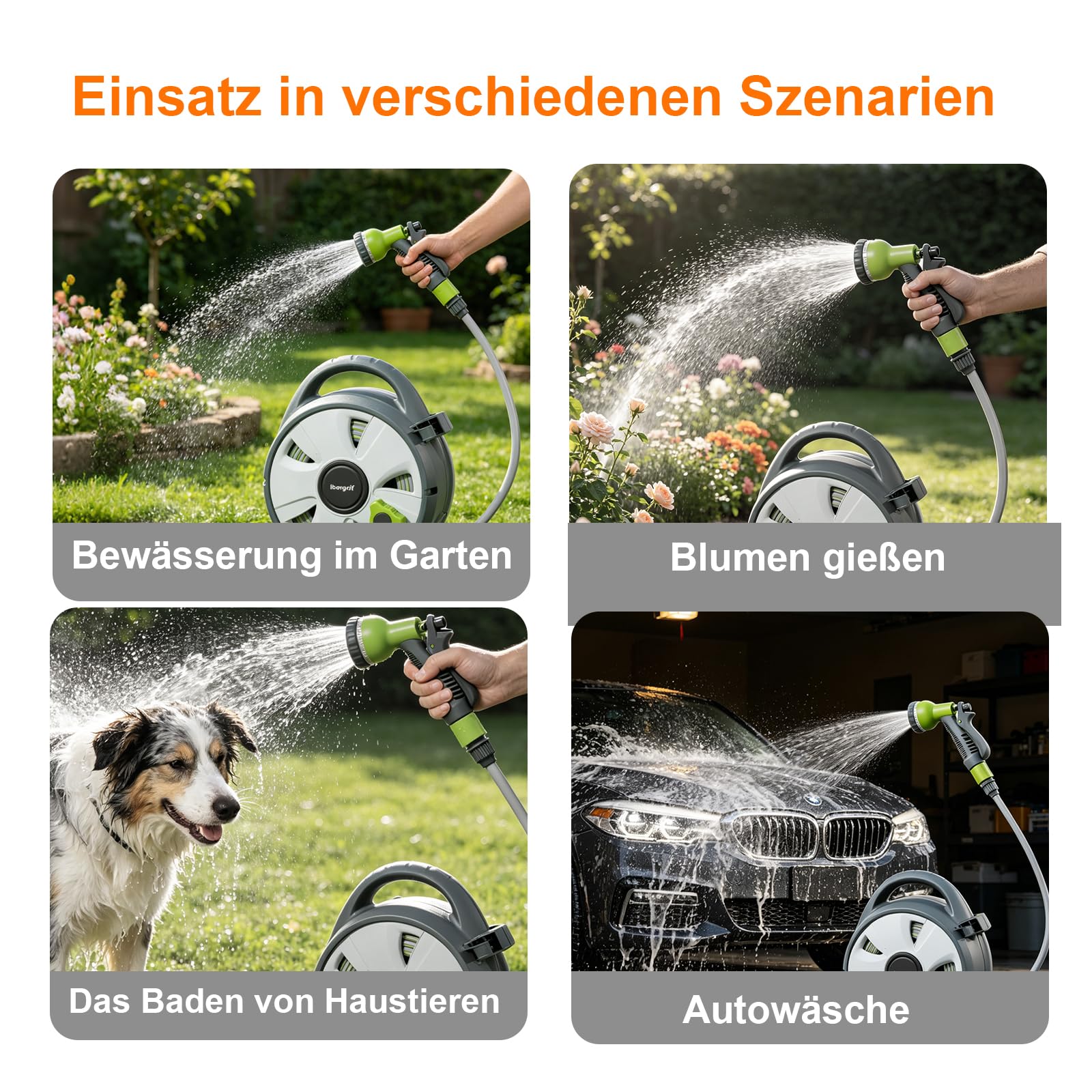 Ibegrif M22220 Schlauchtrommel mit 10 m Wasserschlauch und Multifunktionsbrause, schwarz/grün