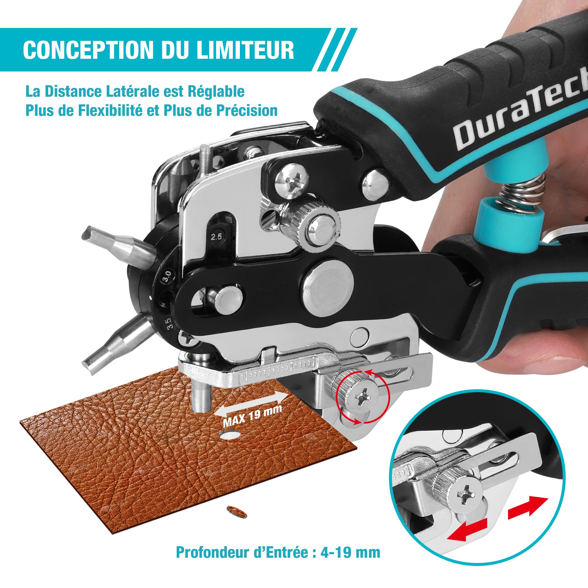 DURATECH Pince Perforatrice Rotative avec 6 Tailles de Poinçon Interchangeables, Outil de Perforation avec Règle pour Cuir, Ceinture, Tissu, Papier, Carte, Plastique, Sac