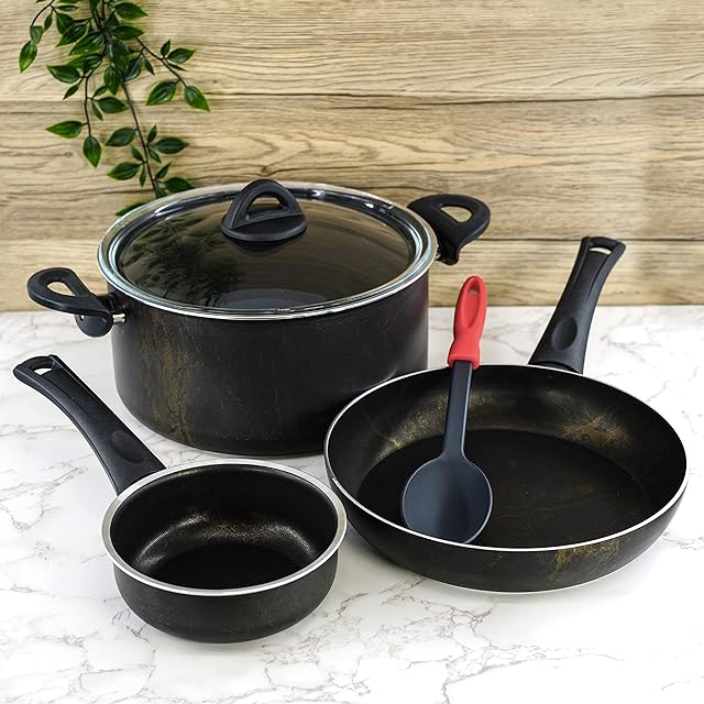 5 pc Cookware Set Pots and Pans Set with Glass Lid Cooking Set Non-Stick Granite Coating Dishwasher-Safe Kitchen Set for Gas, Halogen, and Electric Cookers - Black Marble Effect