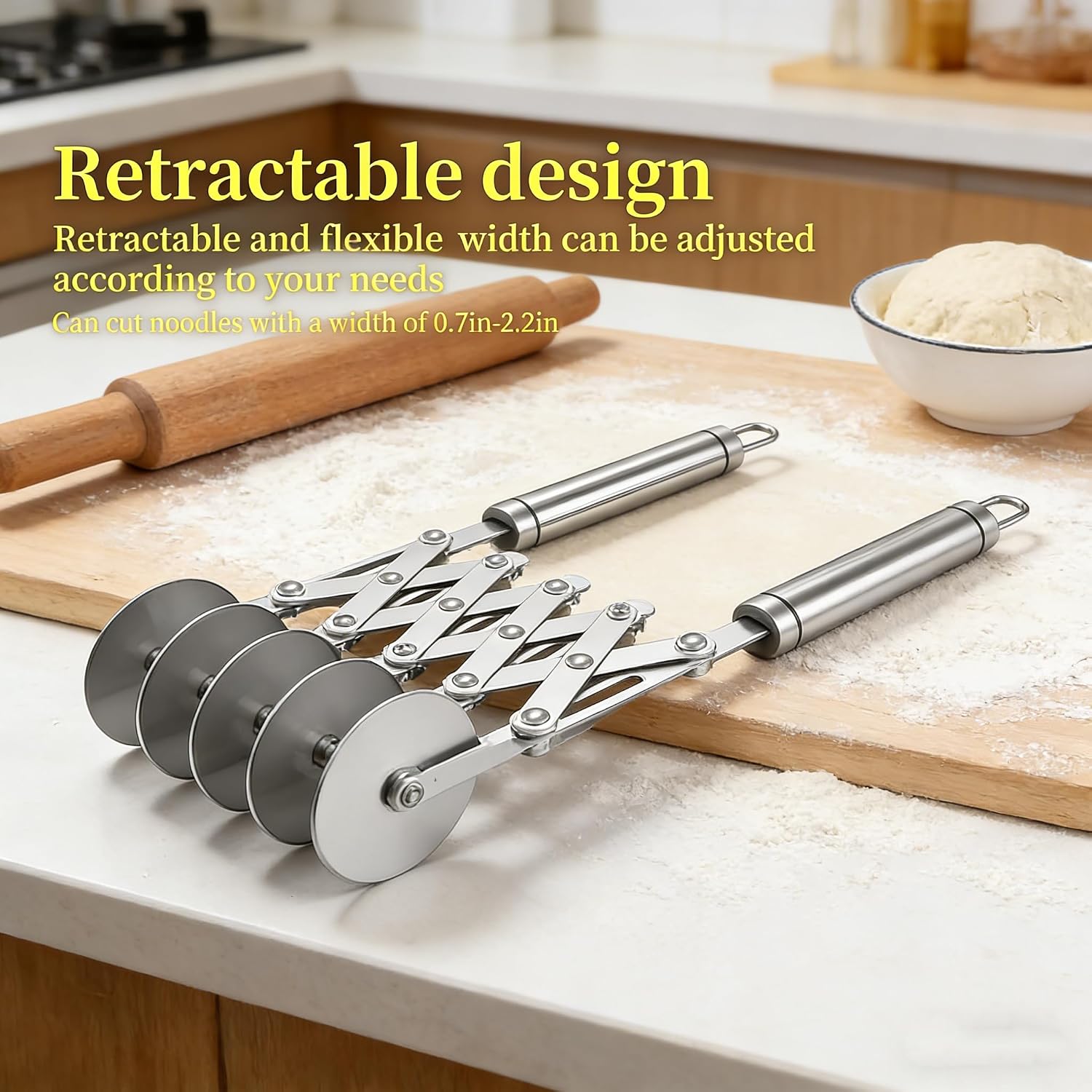 Wheel Adjustable Pasta Cutter with Handle - Stainless Steel Multi-Tool for Baking Pastry, Pizza, Noodles & Pie Crust (7 Roller)