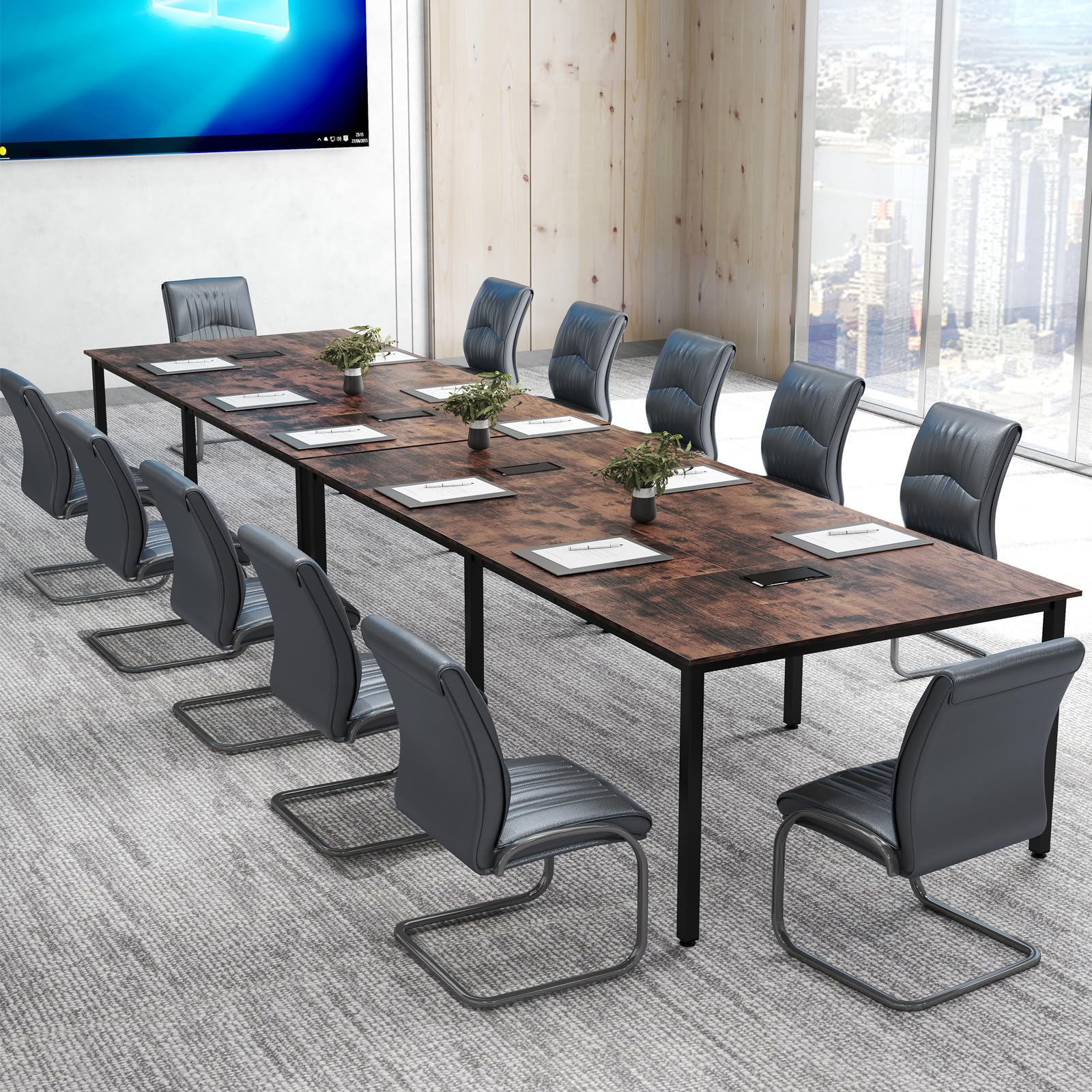 GYMAX Konferenztisch 240 x 120 cm, Bürotisch für 8-10 Personen, Langer Arbeitstisch mit robustem Metallrahmen & 2 Kabeldurchführungen, Computertisch Esstisch für Home, Konferenzraum