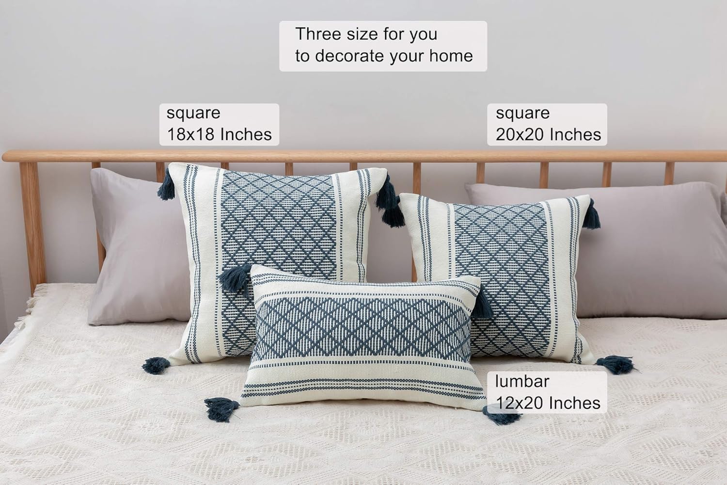 Set of 2 Boho Neutral Decorative Throw Pillow Covers 18x18 Inch, Cotton Woven Diamond Jacquard Pattern Pillow Cases for Couch Sofa Bedroom Car, Modern Accent Square Pillowcase, Blue : Home & Kitchen