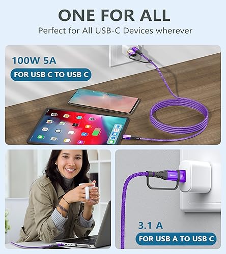 Miniatura 6 de Cable de carga USB C de 6.6 pies PD 100 W de carga rápida 2 en 1 USB AC a USB C, cable trenzado de nailon tipo C para iPhone 16 15 Pro Max Plus
