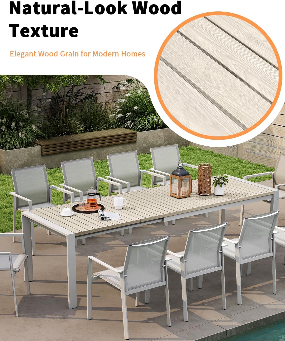 Extendable Outdoor Dining Table for 6-10 Person, 85"-107" Oversized Rectangular Patio Dining Table, Never-Rust Aluminum Expandable Dining Table with Wood Grain Tabletop for Deck, Garden, Porch
