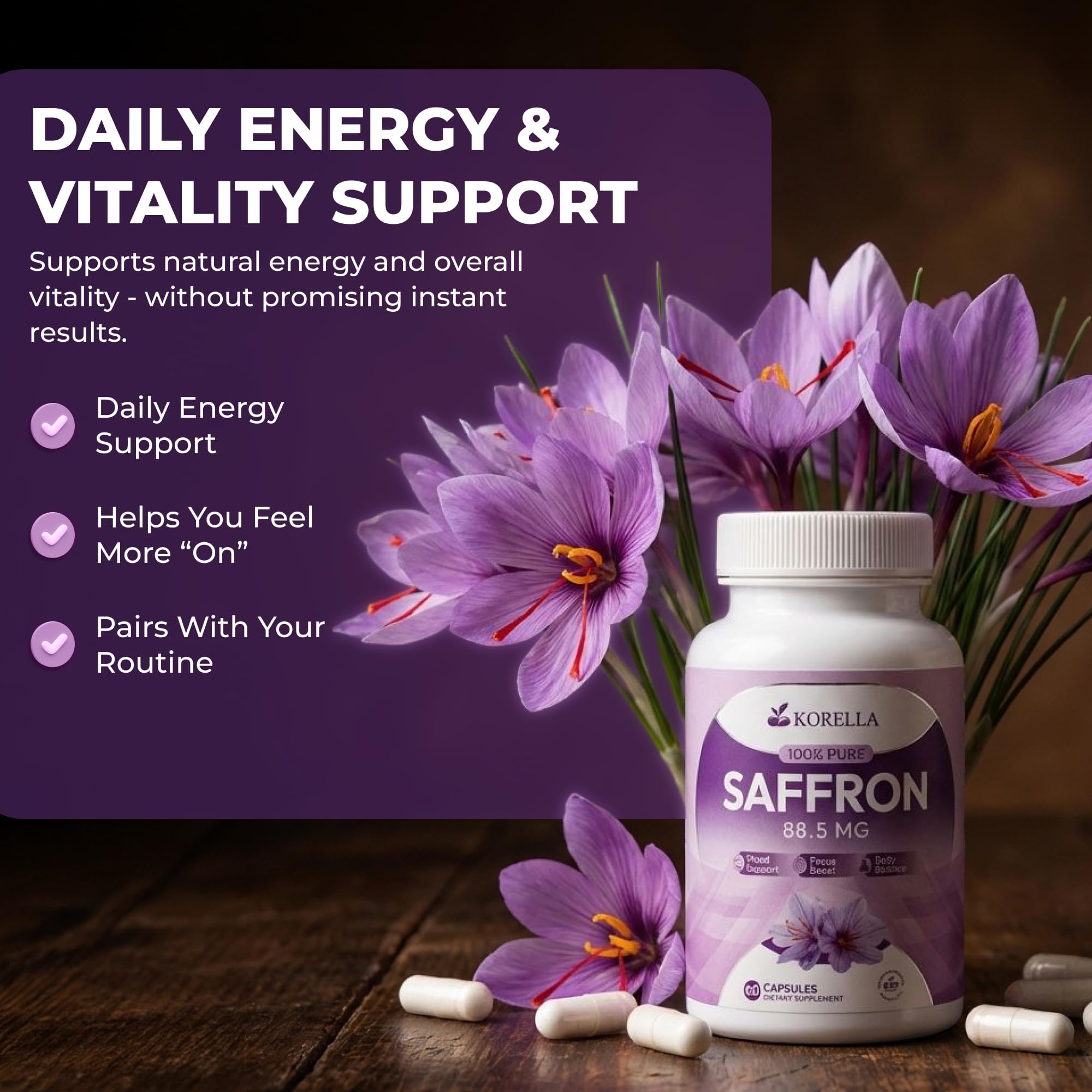 KORELLA Saffron Supplement 88.5 mg – Pure Saffron Extract Capsules for Wellness, Energy Support & Focus – Pure Saffron Supplements - Natural Saffron Pills for Men & Women – 60 Count — Amazon image 8