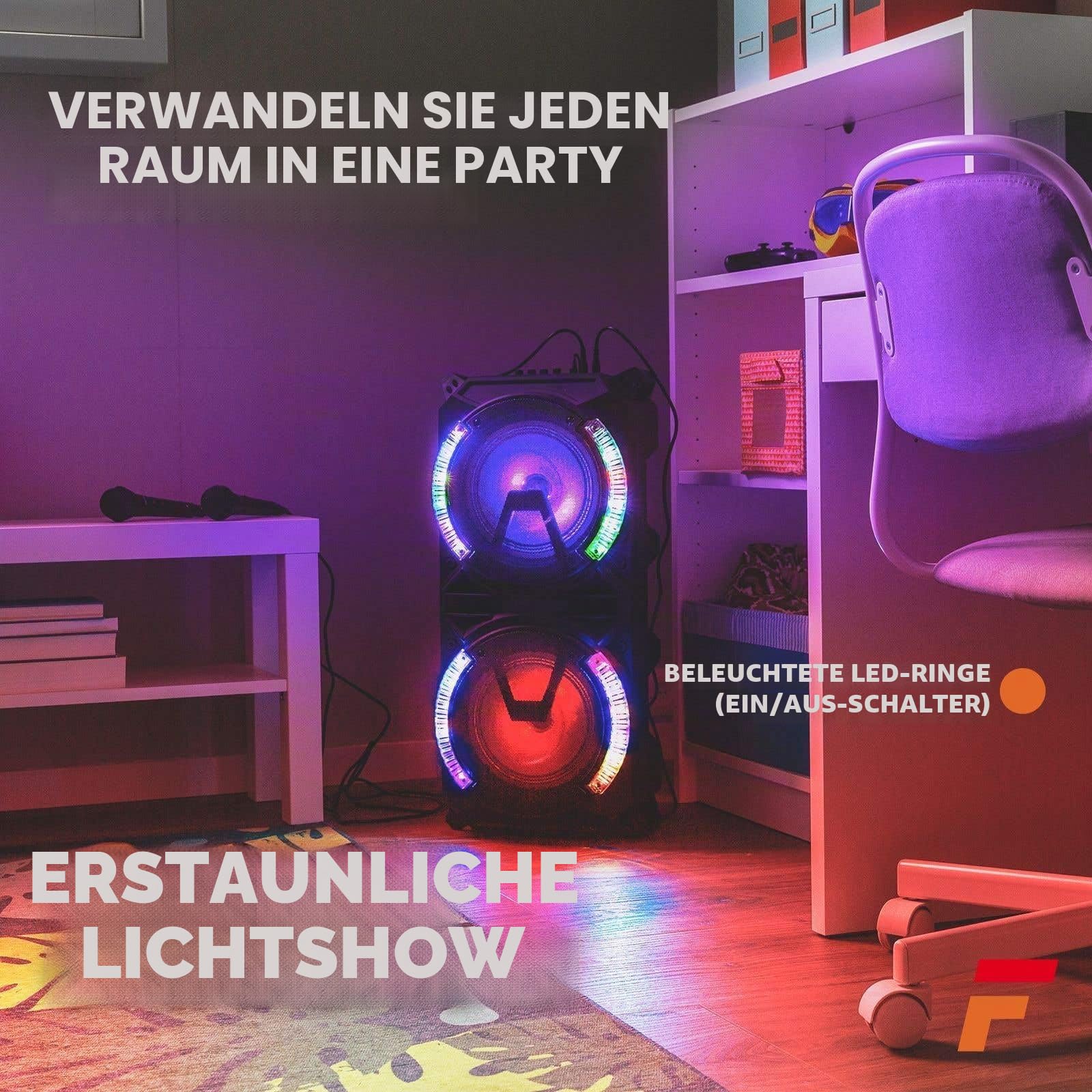 Fenton LIVE280 Karaoke Anlage mit 2 Mikrofonen, Akku - 900W, LED Partybox Bluetooth Lautsprecher Groß, Musikbox Groß, Mobiler Party Lautsprecher, Karaoke Maschine, MP3 - USB - SD - Schwarz
