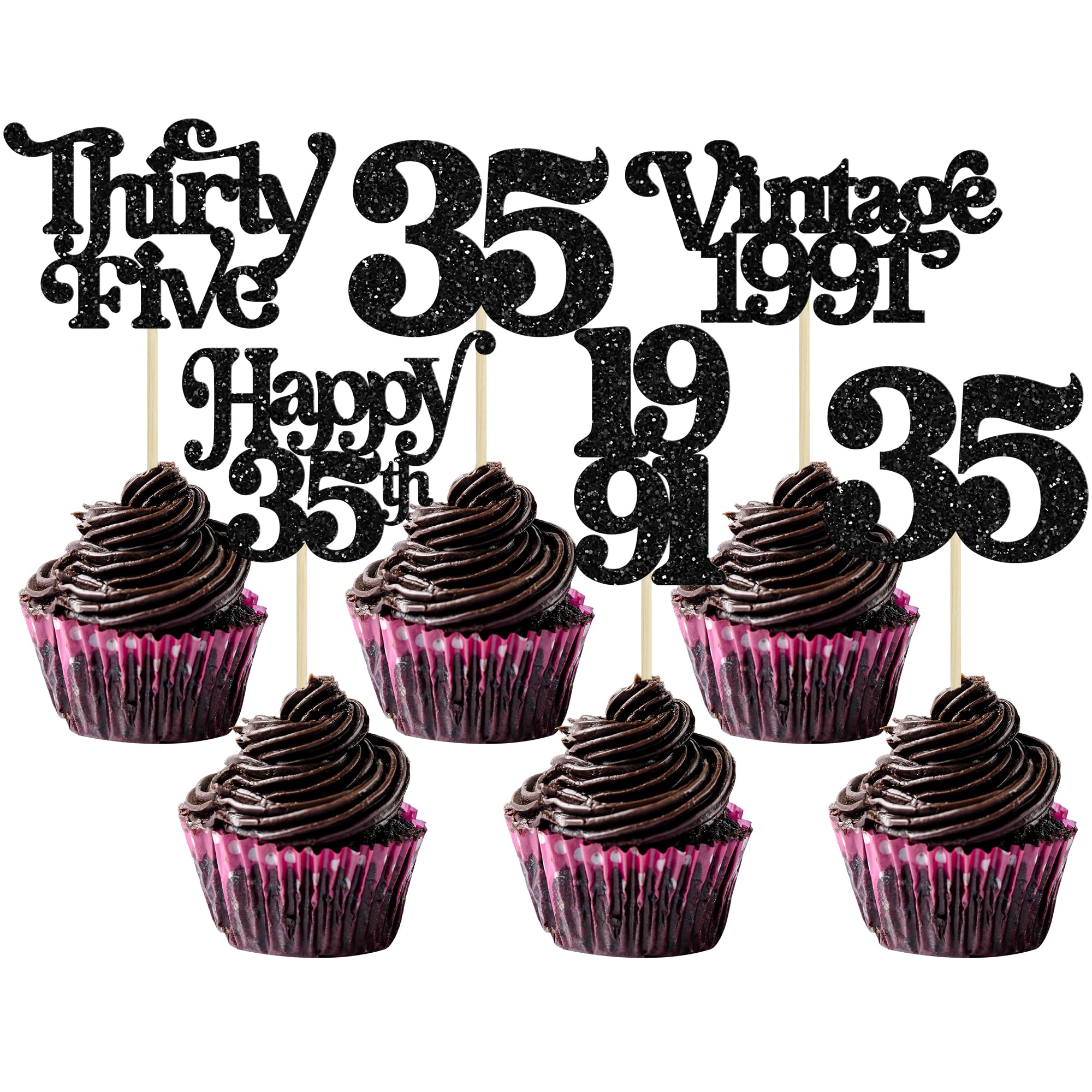 Gyufise 30Pcs Happy 35th Birthday Cupcake Toppers Vintage 1991 Cheers to 35 Fabulous Thirty Five Cupcake Picks 35th Birthday Wedding Anniversary Party Cake Decorations Supplies Black