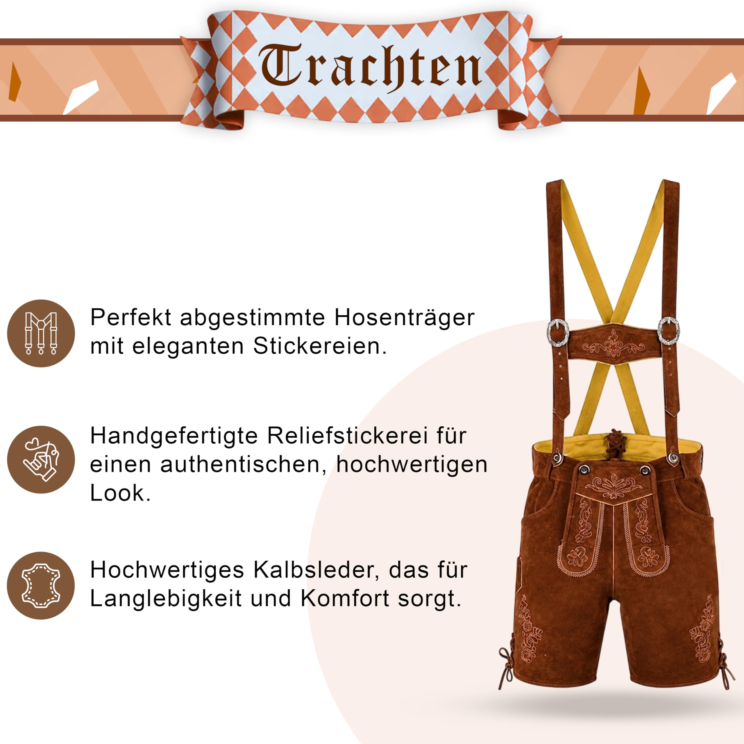 German Wear Trachtenlederhose Herren Premium Nappaleder Echtleder – Verbesserte Lederhose mit Hosenträgern, Traditionell Bayerische Lederhose für Volksfest, Trachtenfest & Freizeit