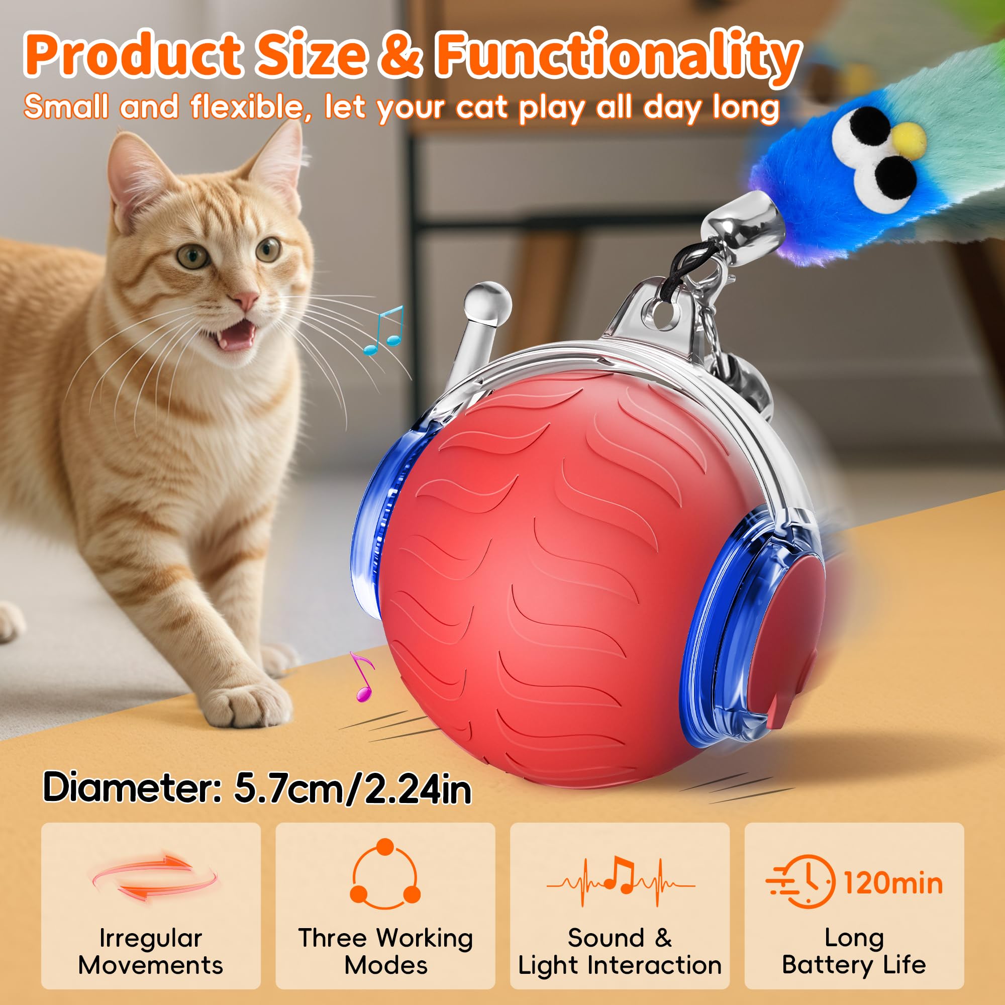 UPSKY Interactive Cat Toy Ball for Indoor Cats, Automatic Moving Electric Rolling Cat Ball Toy, 3-Speed Modes Smart Kitten Toys with Sounds, USB Rechargeable for Bored Kittens/Adult Cats